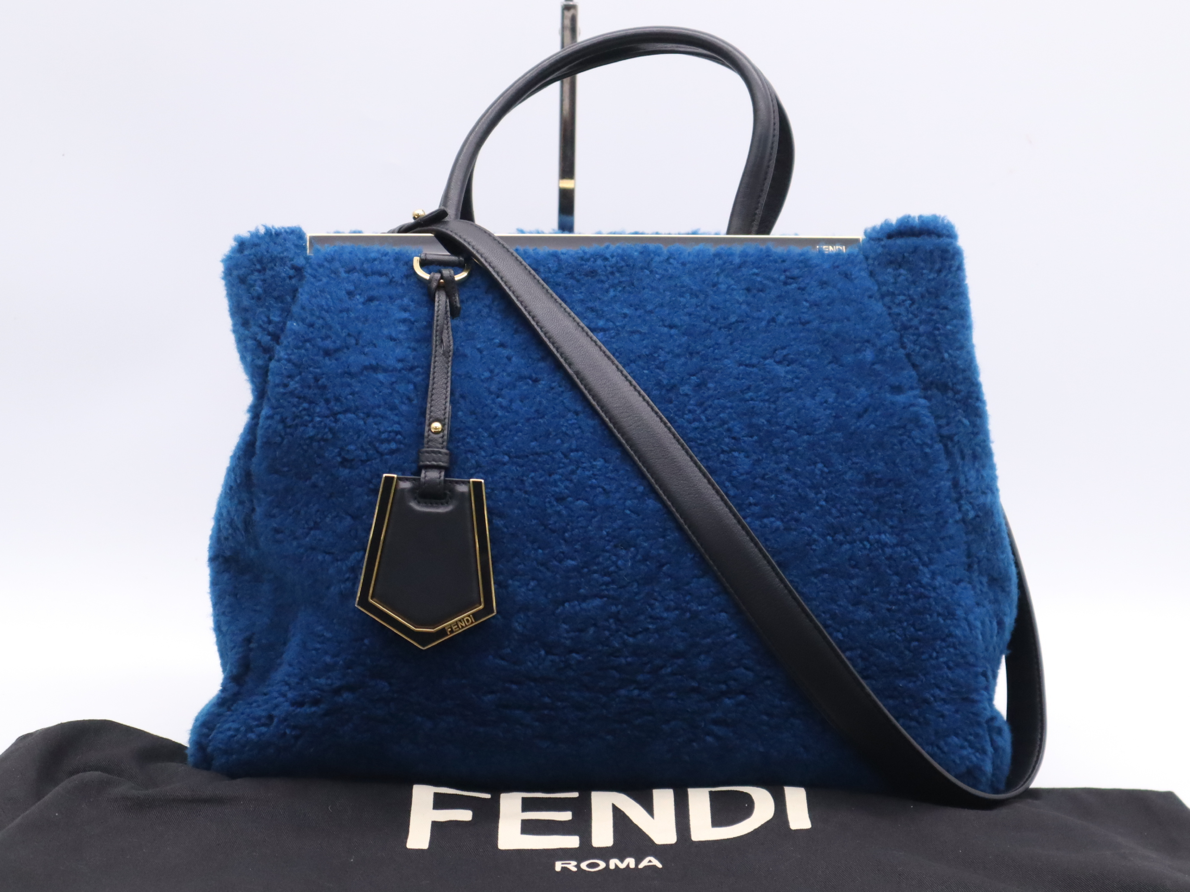 Wool Toujours Medium Tote Bag, Blue, Gold Hardware, with Dust Bag, Handbag
