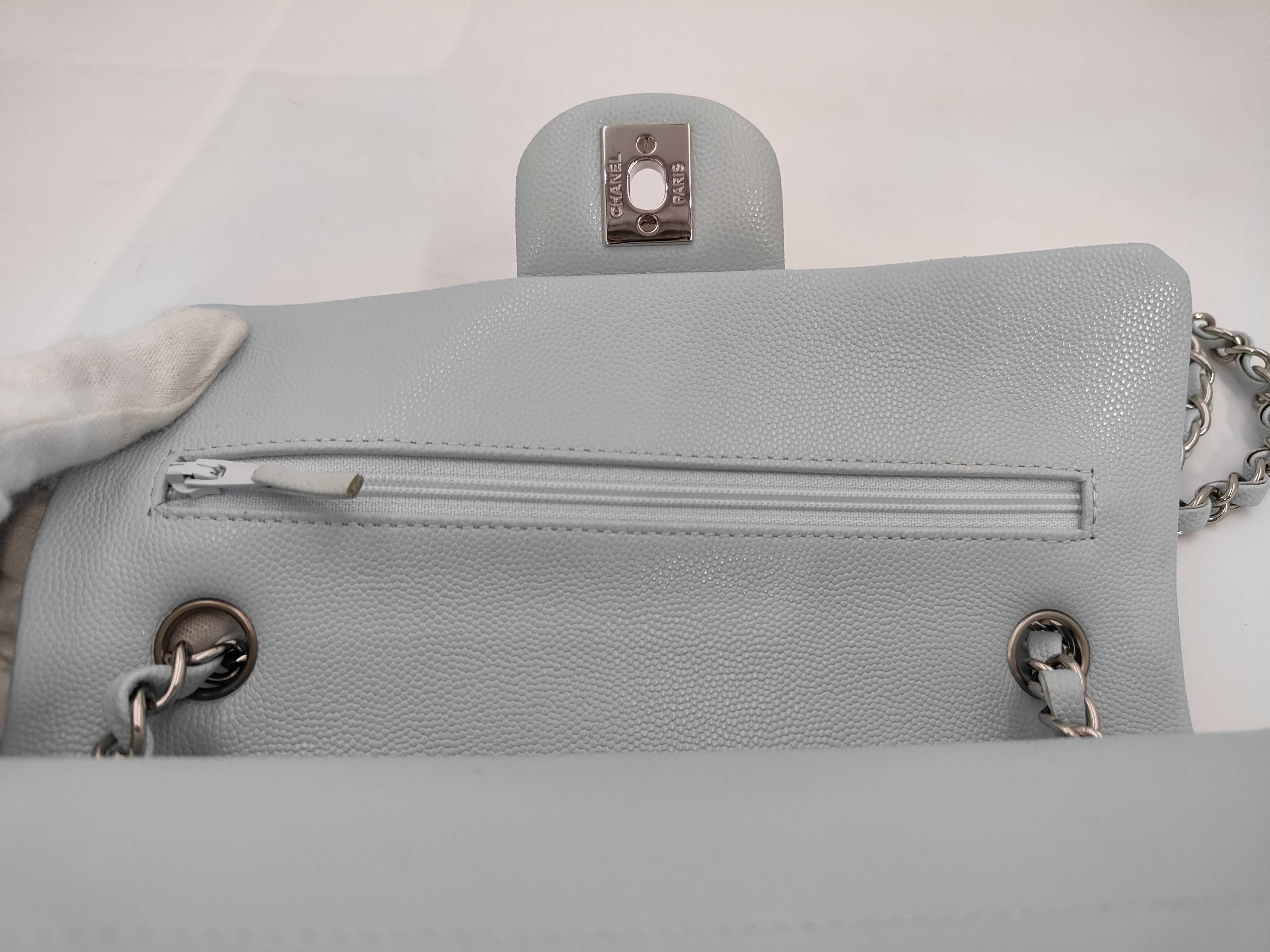 Matelassé 23 Caviar Skin Shoulder Bag with Silver Hardware, Light Blue, Double Flap, Serial Number Plate — view 8