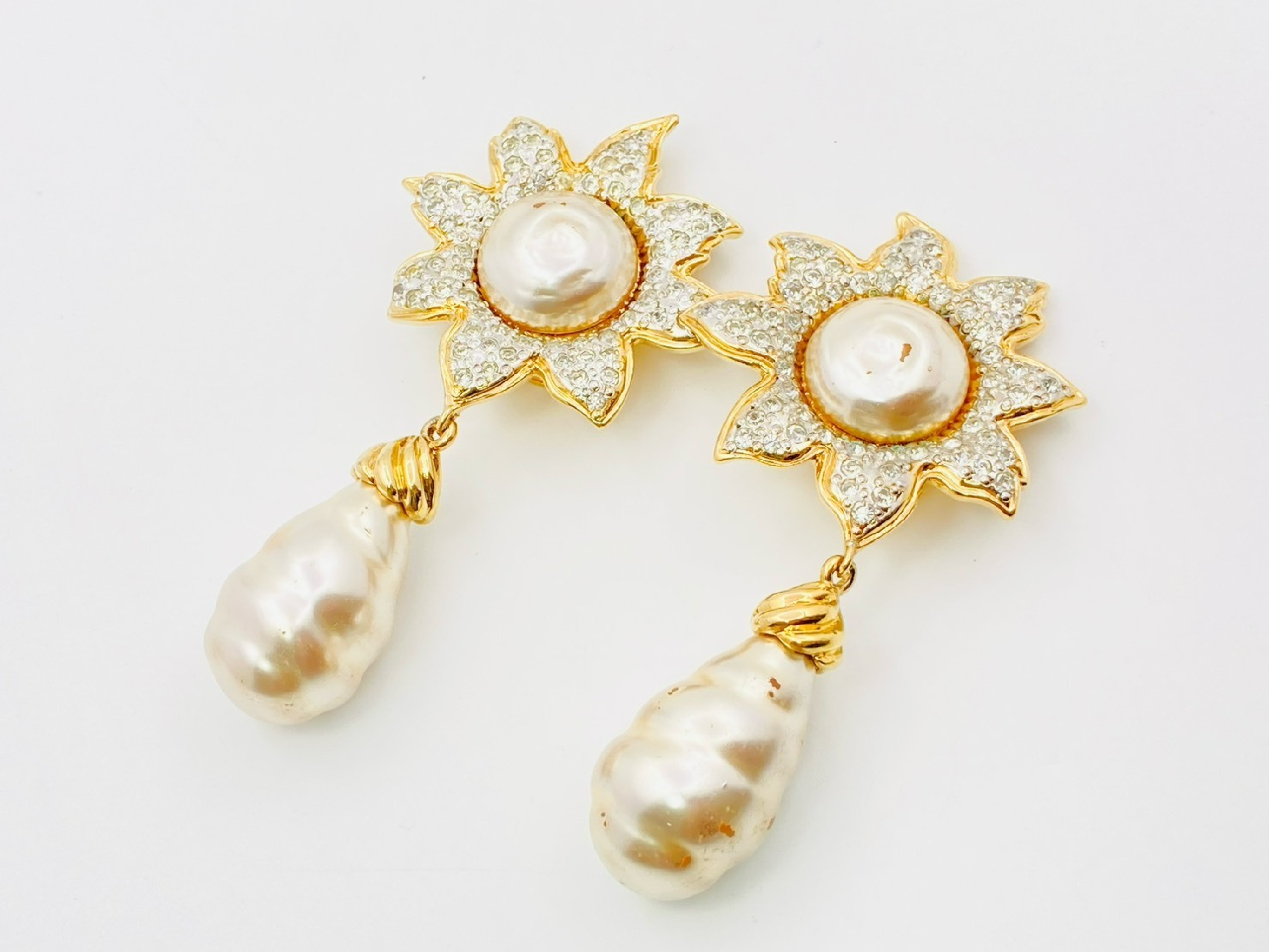 Flower Rhinestone x Faux Pearl Swing Earrings, Gold, Old Vintage, Large Earrings — view 2