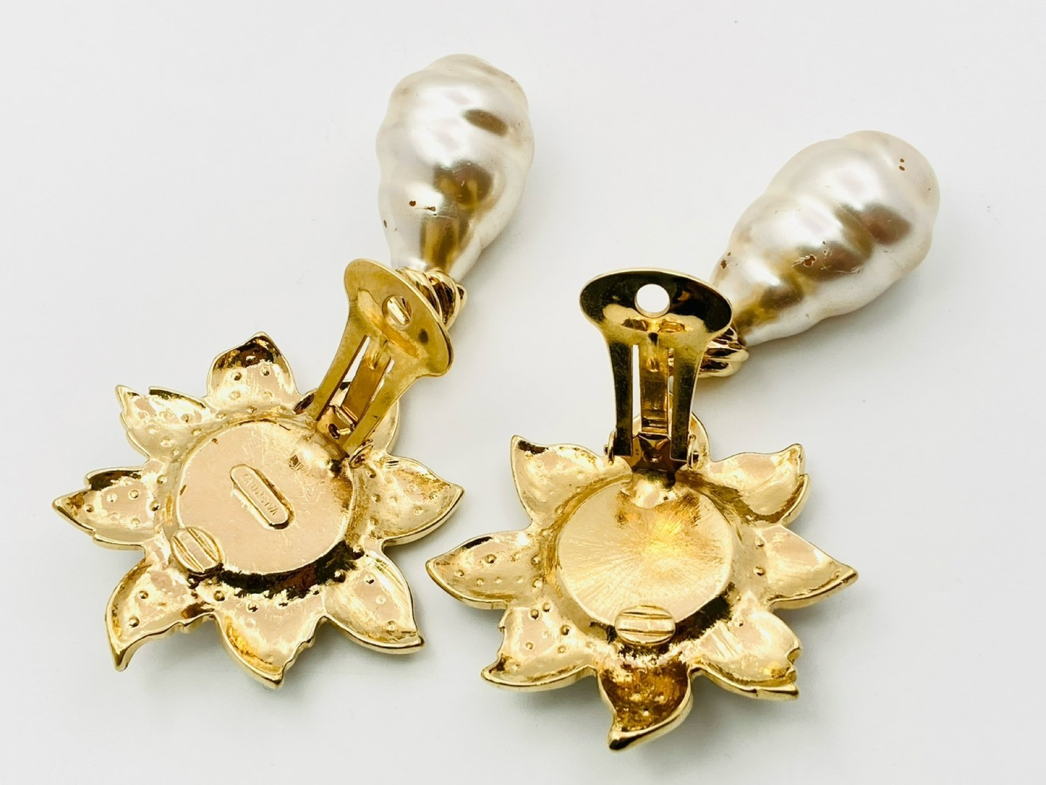 Flower Rhinestone x Faux Pearl Swing Earrings, Gold, Old Vintage, Large Earrings — view 4