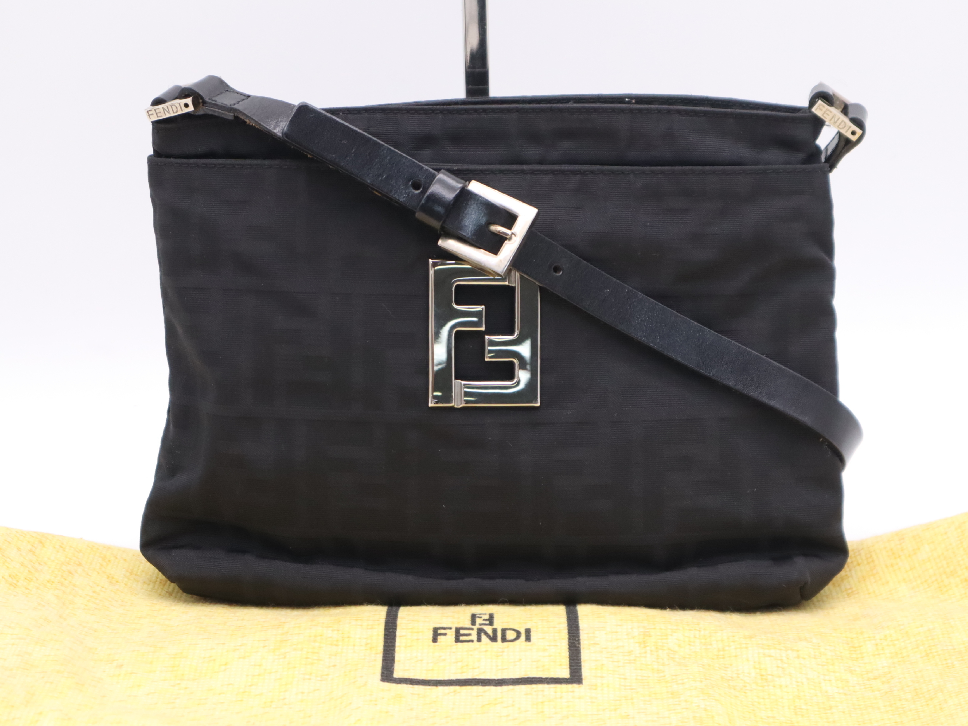 Nylon Zucca Pattern Black Shoulder Bag with Silver Hardware and Dust Bag