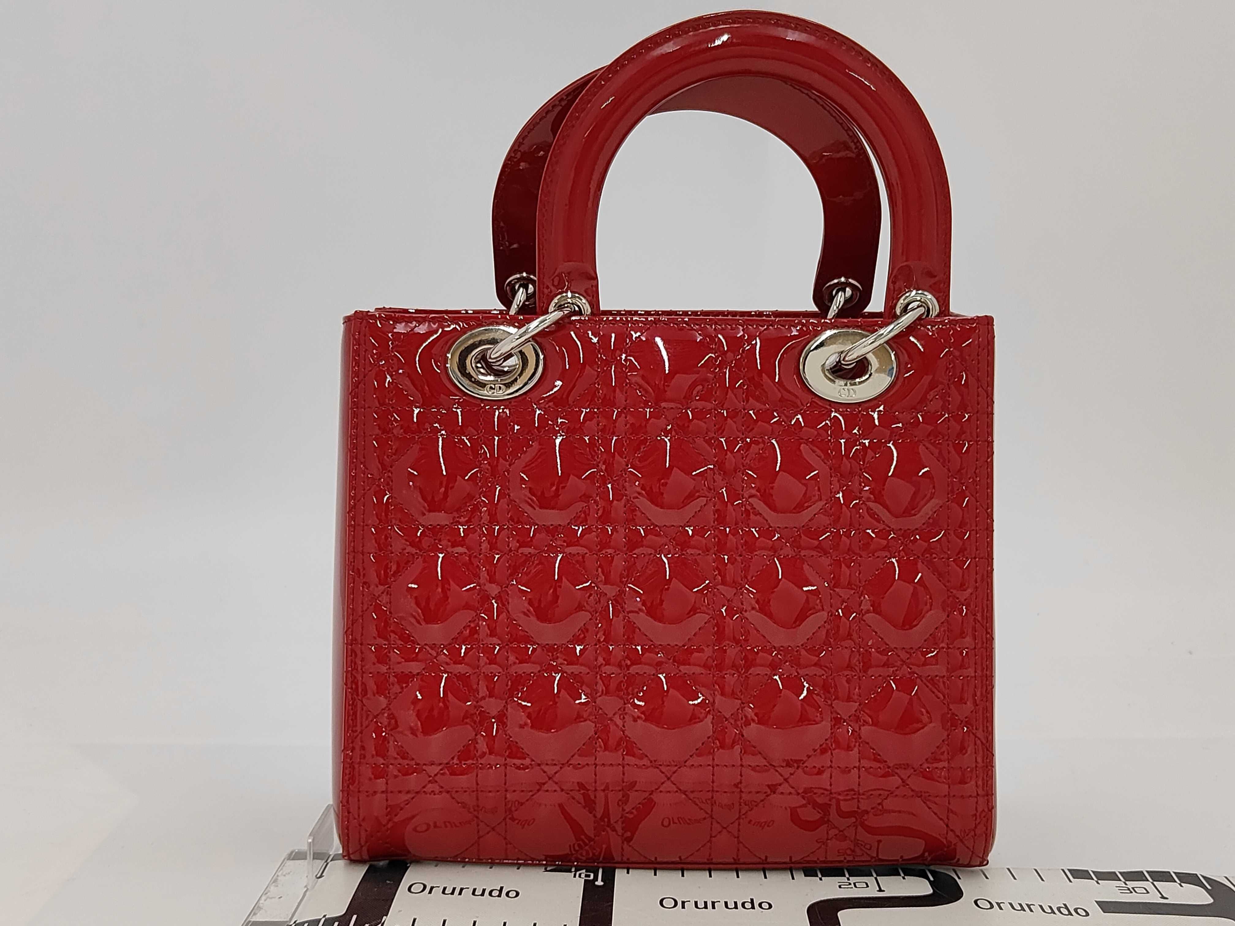 Red Enamel Lady Dior 5 Tier Silver Hardware Handbag — view 2