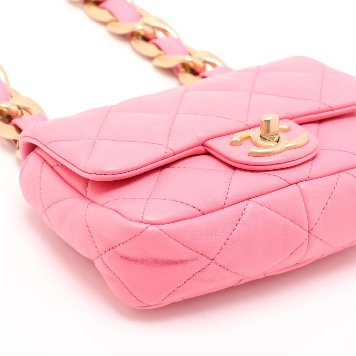 Mini Matelassé Lambskin Chain Shoulder Bag, Pink with Gold Hardware, U028UNNG, Random Plate — view 4