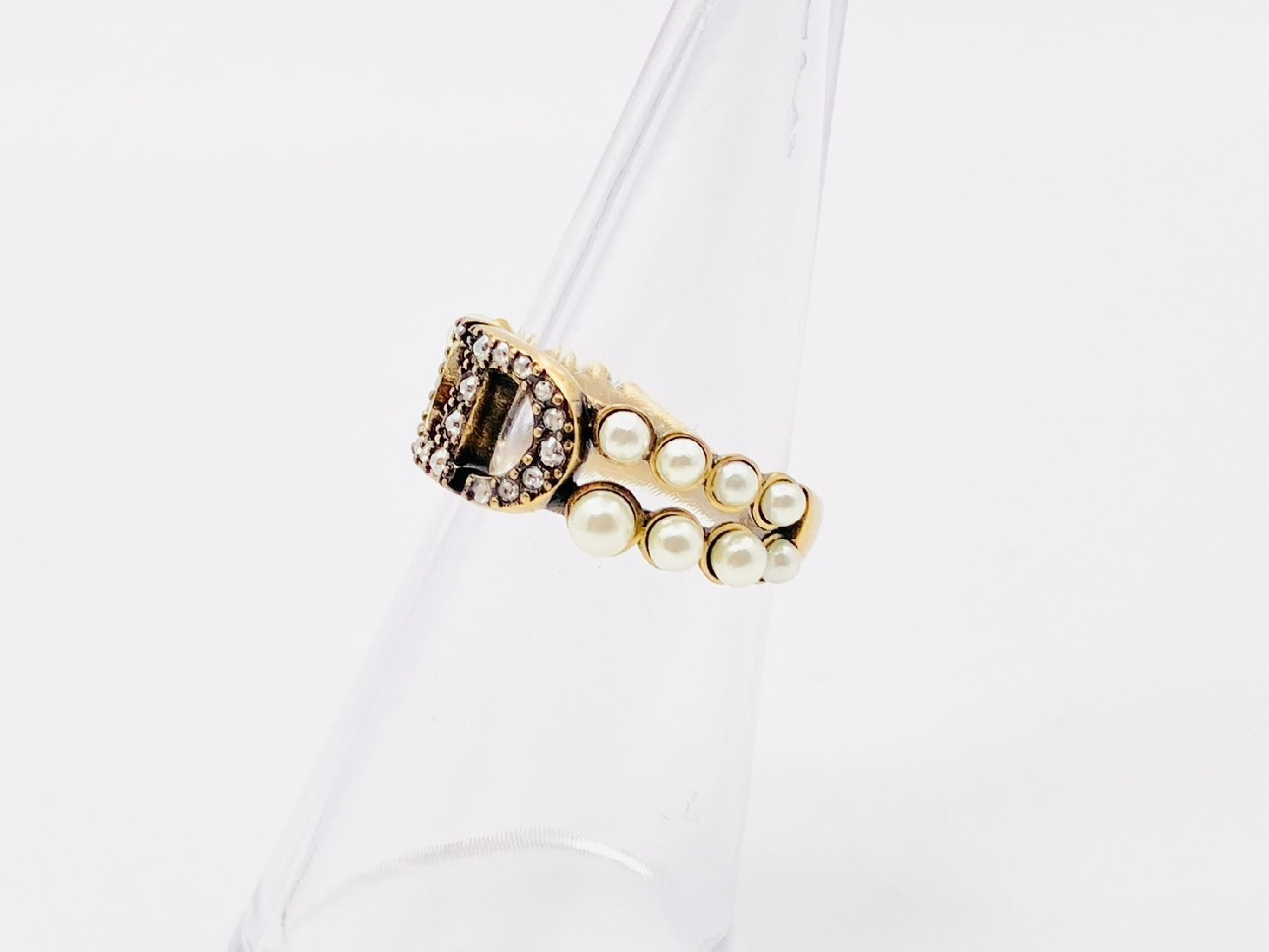 Petit CD (Card logo) rhinestone and faux pearl ring, size S, bronze gold. — view 2