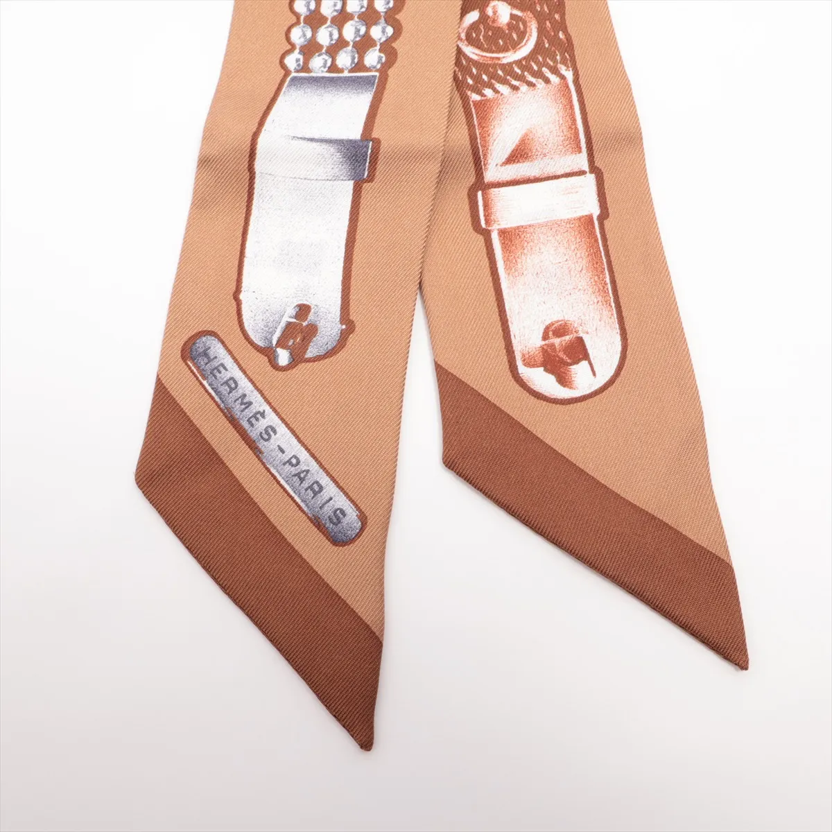 Twilly LE TRESOR DE MEDOR scarf, silk, brown. Shows signs of wear, including snags, loose threads, and a nearly detached tag. — view 2