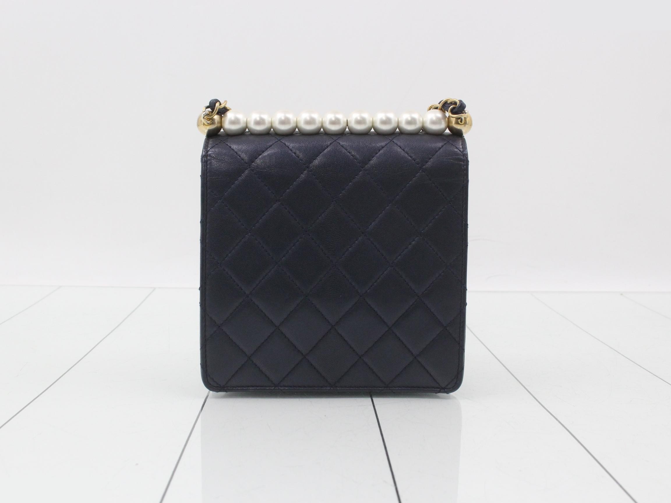 Lambskin Mini Matelassé Faux Pearl Chain Wallet, Navy — view 2