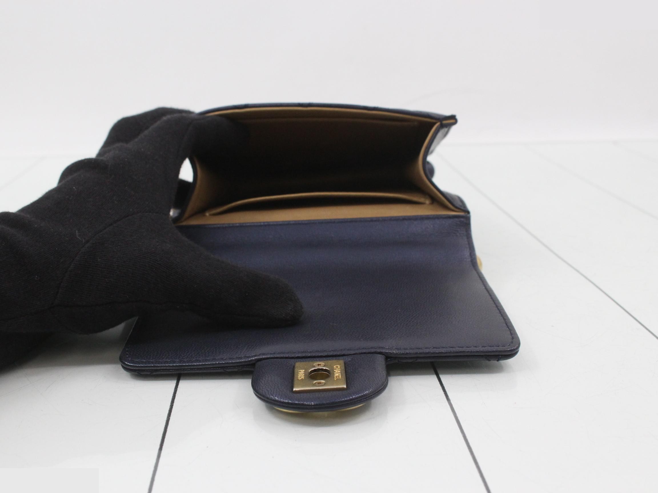 Lambskin Mini Matelassé Faux Pearl Chain Wallet, Navy — view 4