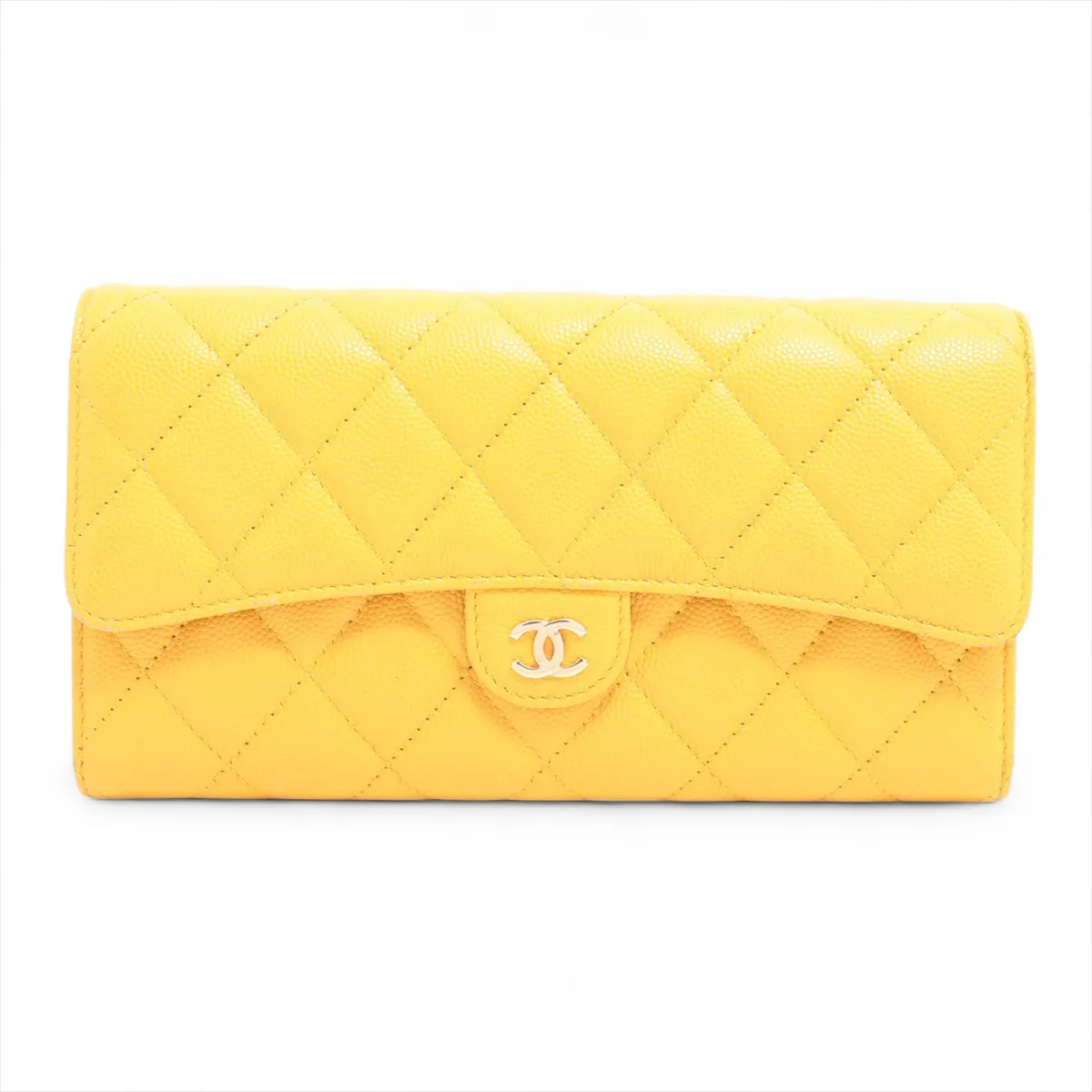 Matelassé Caviar Skin Long Wallet, Yellow Leather, Gold Hardware, 26806247