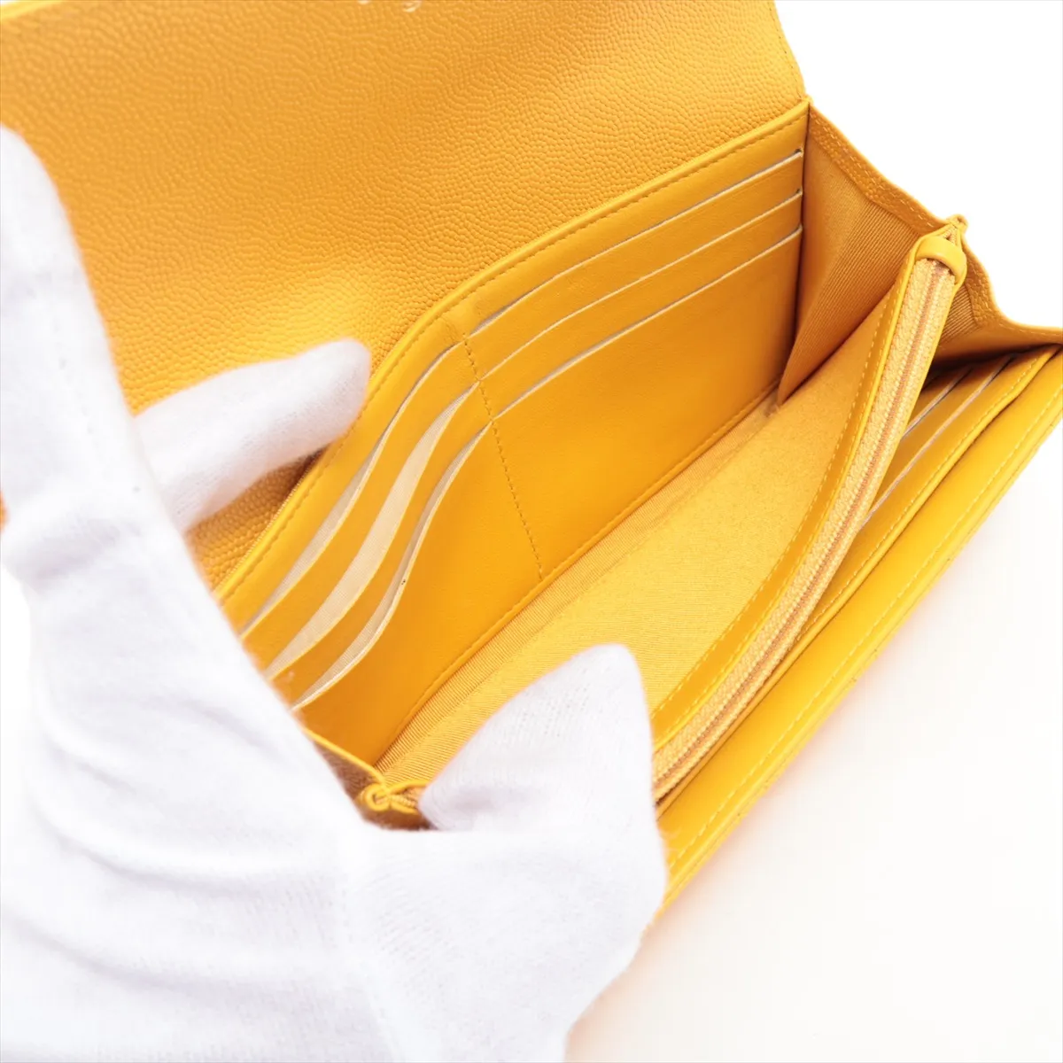 Matelassé Caviar Skin Long Wallet, Yellow Leather, Gold Hardware, 26806247 — view 5