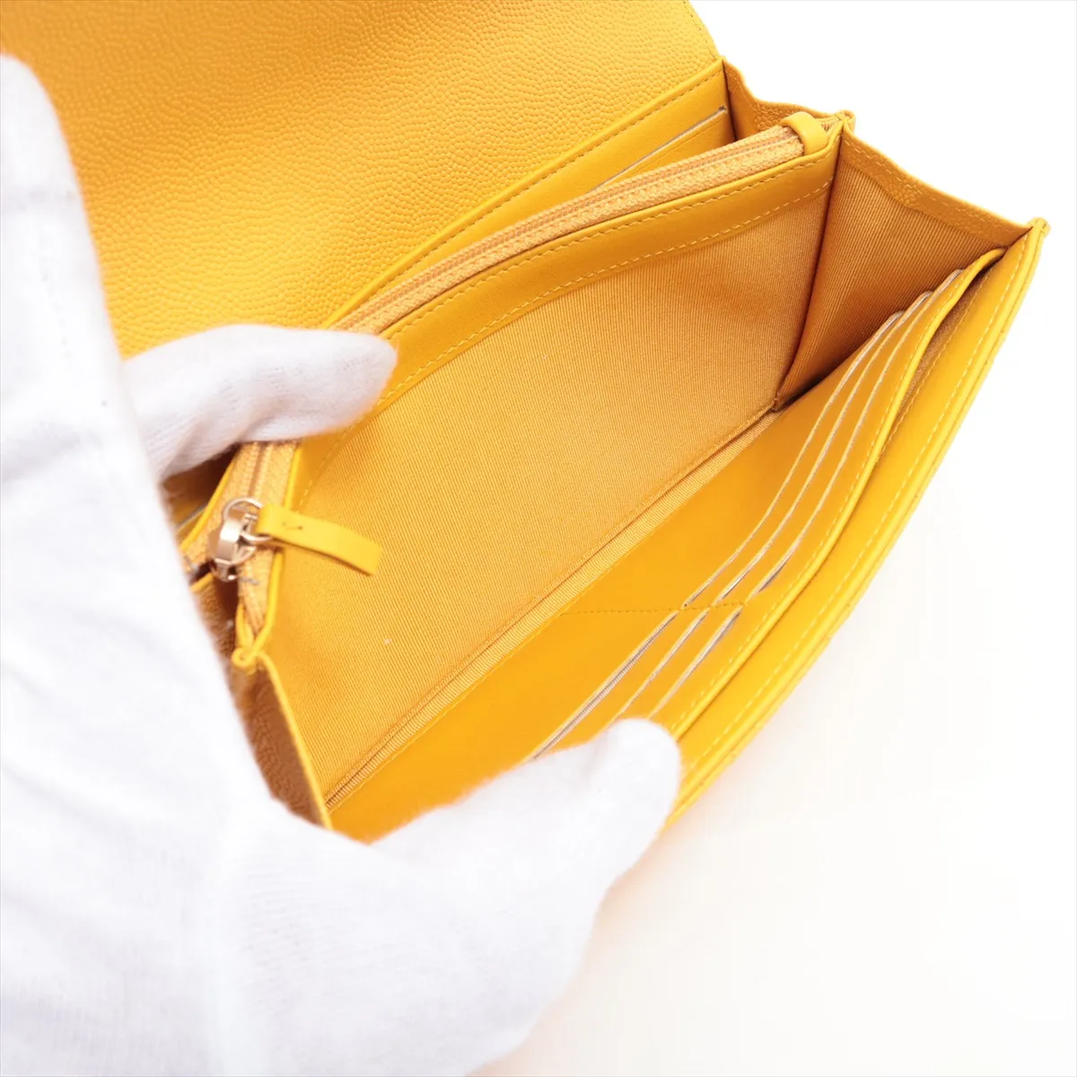 Matelassé Caviar Skin Long Wallet, Yellow Leather, Gold Hardware, 26806247 — view 6