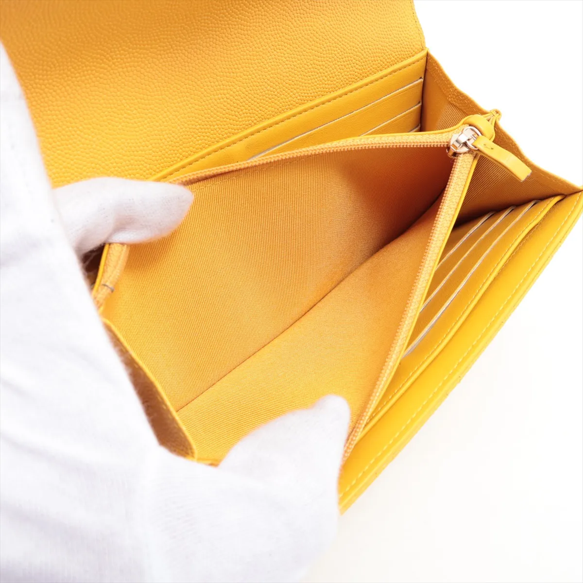 Matelassé Caviar Skin Long Wallet, Yellow Leather, Gold Hardware, 26806247 — view 8