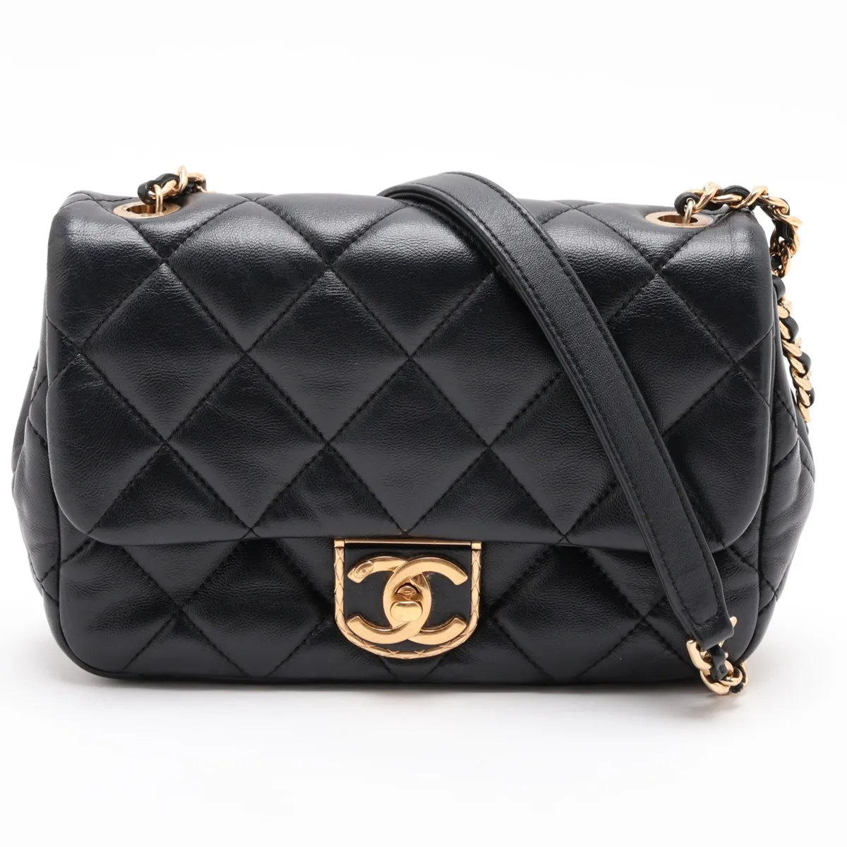 Mini Matelassé Lambskin Single Flap Single Chain Bag, Black with Gold Hardware, T5HNJ58G, Random Plate