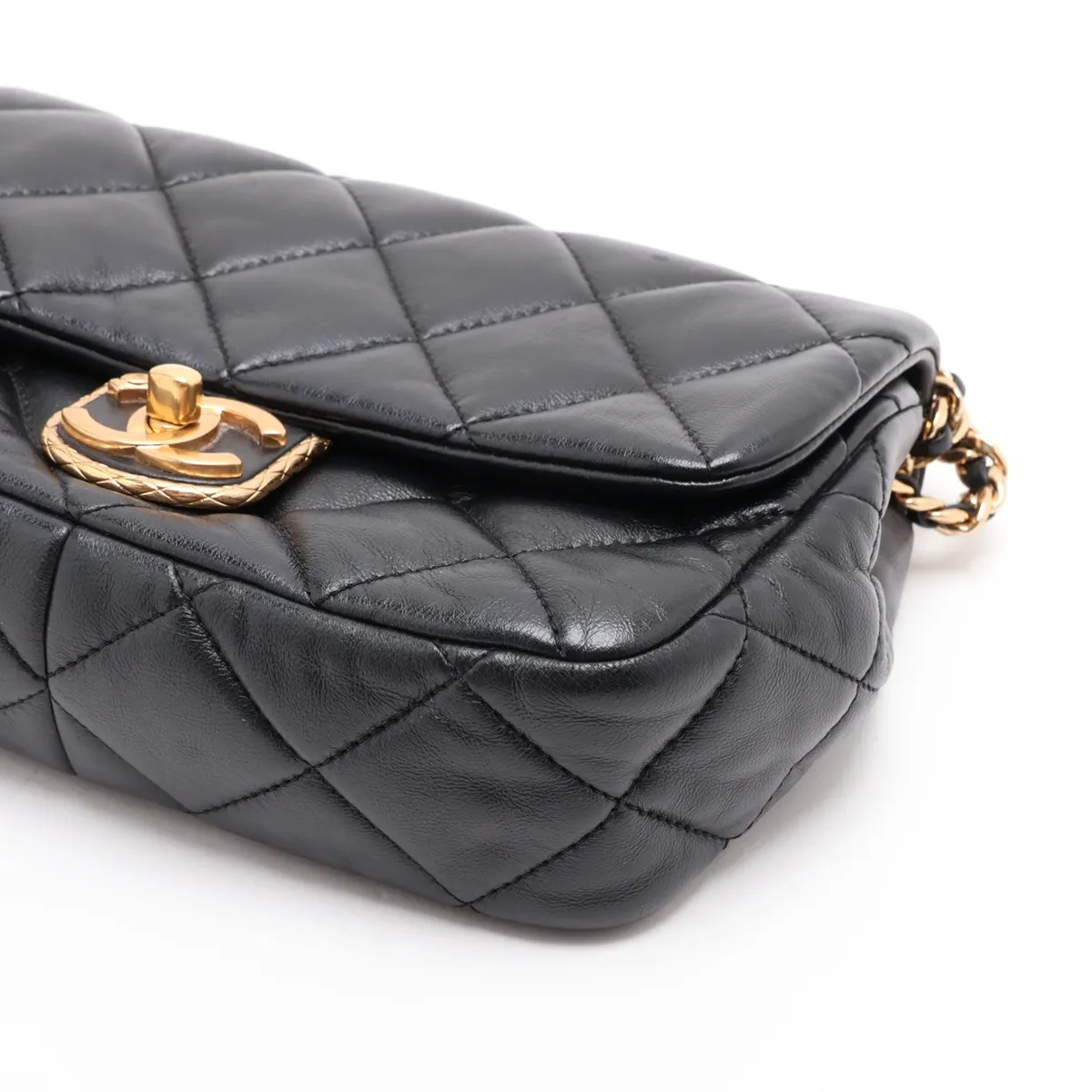 Mini Matelassé Lambskin Single Flap Single Chain Bag, Black with Gold Hardware, T5HNJ58G, Random Plate — view 3