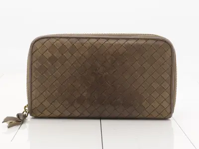 Intrecciato round zipper long wallet, leather, brown