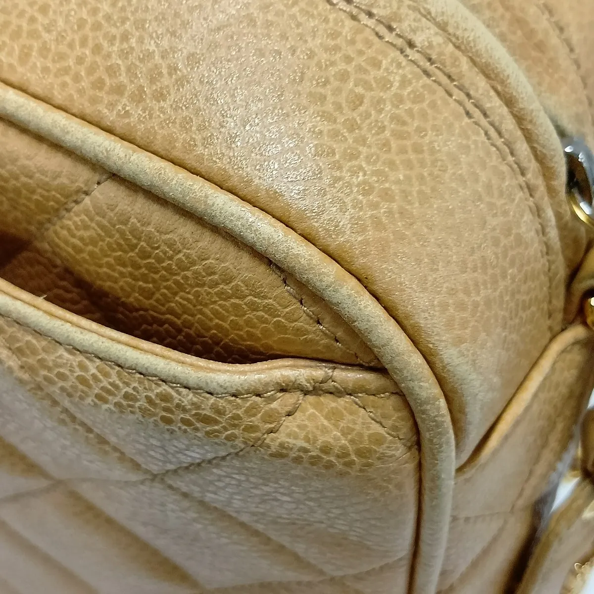 Matelassé Caviar Skin Chain Shoulder Bag, Beige with Gold Hardware, Item No. 3840987 (Serial No. 3) — view 11