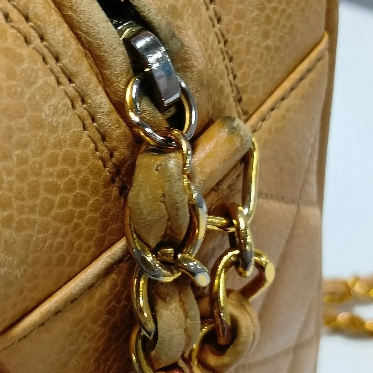Matelassé Caviar Skin Chain Shoulder Bag, Beige with Gold Hardware, Item No. 3840987 (Serial No. 3) — view 14
