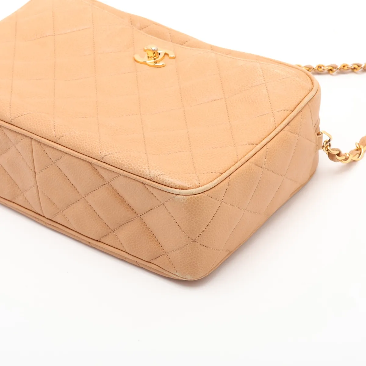 Matelassé Caviar Skin Chain Shoulder Bag, Beige with Gold Hardware, Item No. 3840987 (Serial No. 3) — view 3