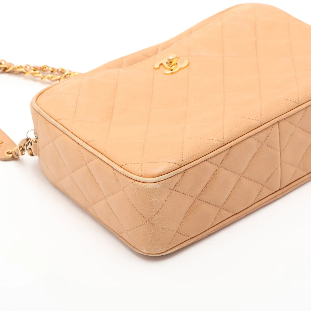 Matelassé Caviar Skin Chain Shoulder Bag, Beige with Gold Hardware, Item No. 3840987 (Serial No. 3) — view 4