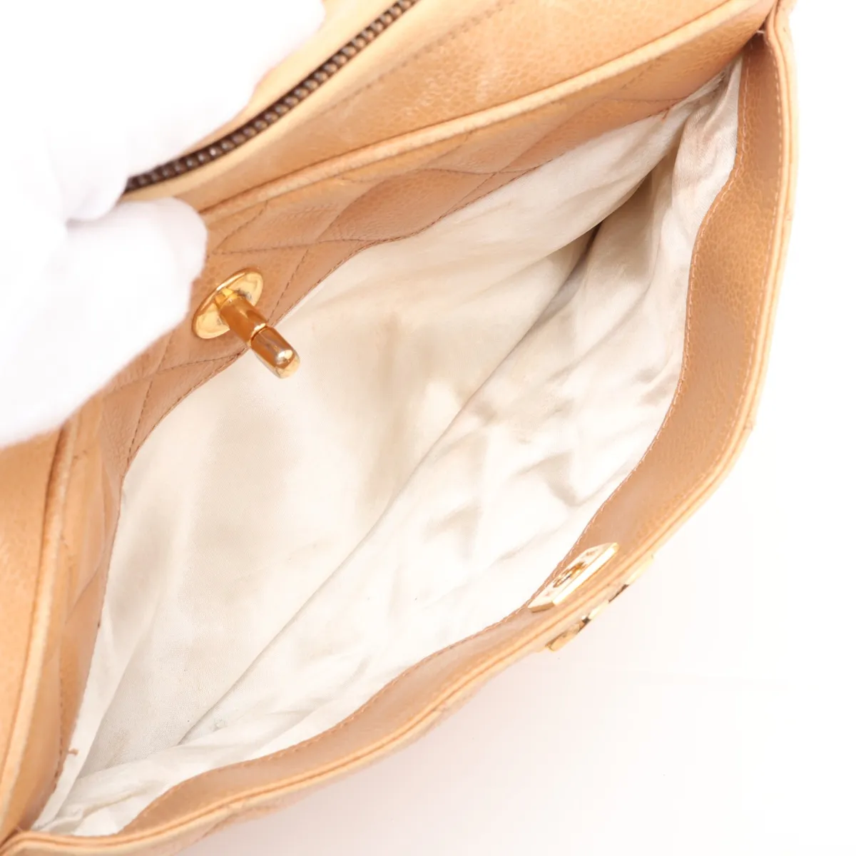 Matelassé Caviar Skin Chain Shoulder Bag, Beige with Gold Hardware, Item No. 3840987 (Serial No. 3) — view 9