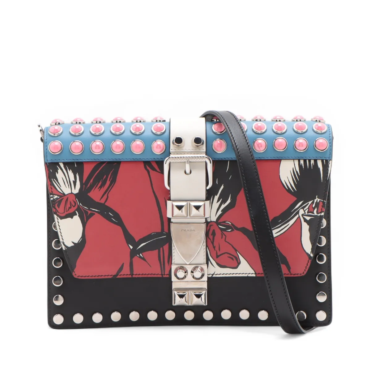 Leather and Studded Shoulder Bag, Multicolor