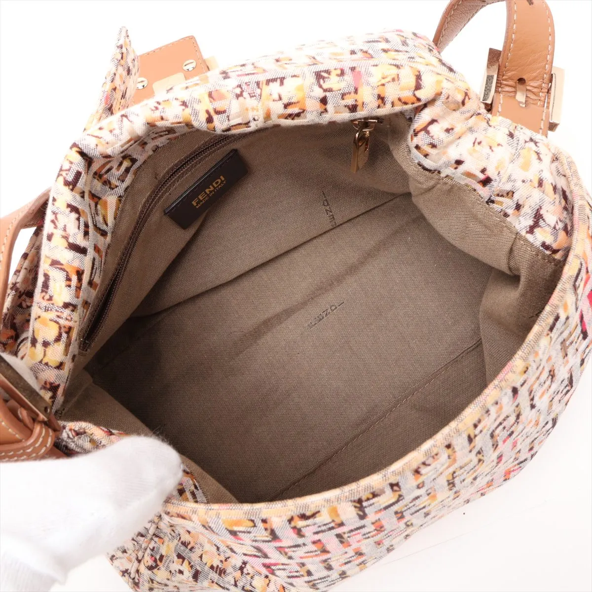 Zucchino Mamma Bucket Cotton x Leather Shoulder Bag, Beige, 8BR001 — view 7