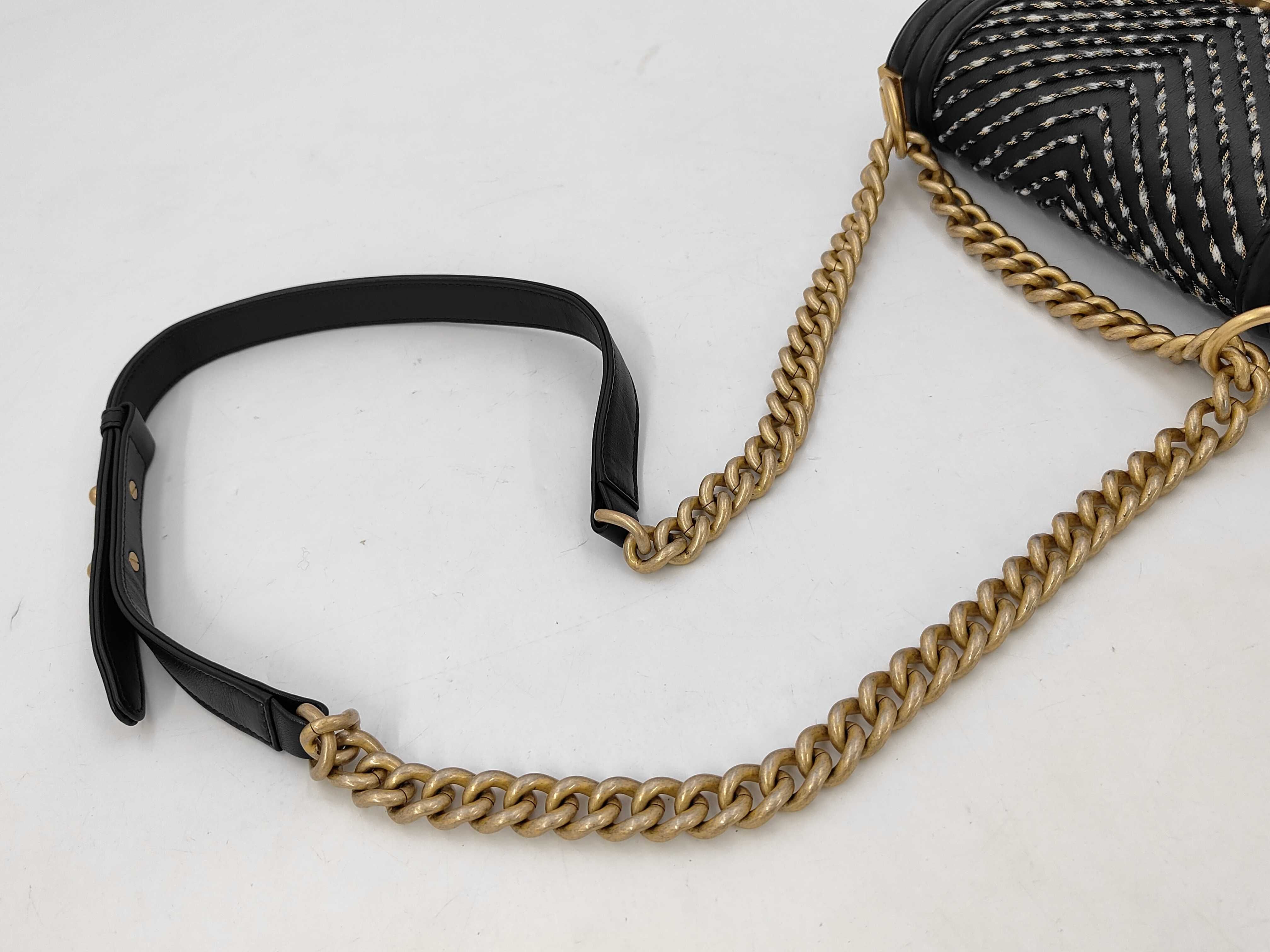 Boy Chanel Chain Shoulder Bag, Black, Chevron Chain Embroidery, Gold Hardware. — view 3