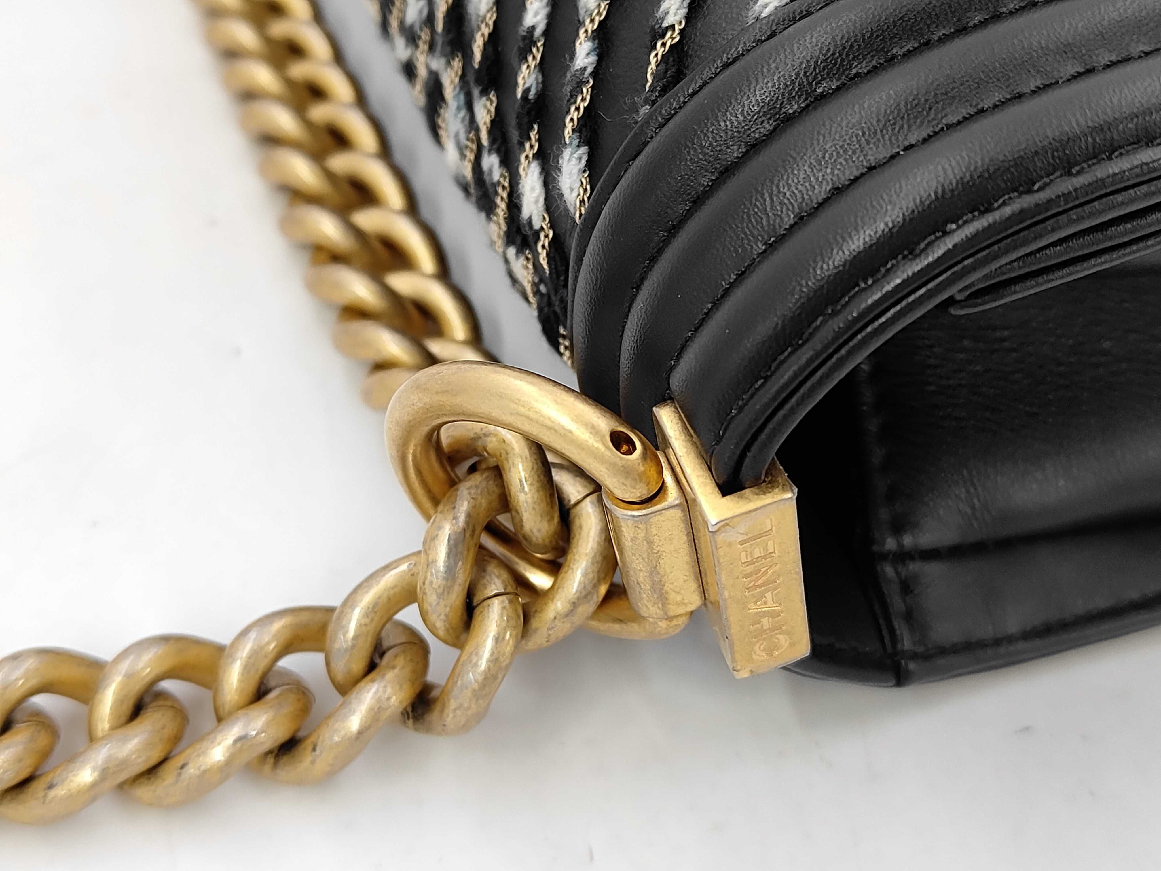 Boy Chanel Chain Shoulder Bag, Black, Chevron Chain Embroidery, Gold Hardware. — view 5