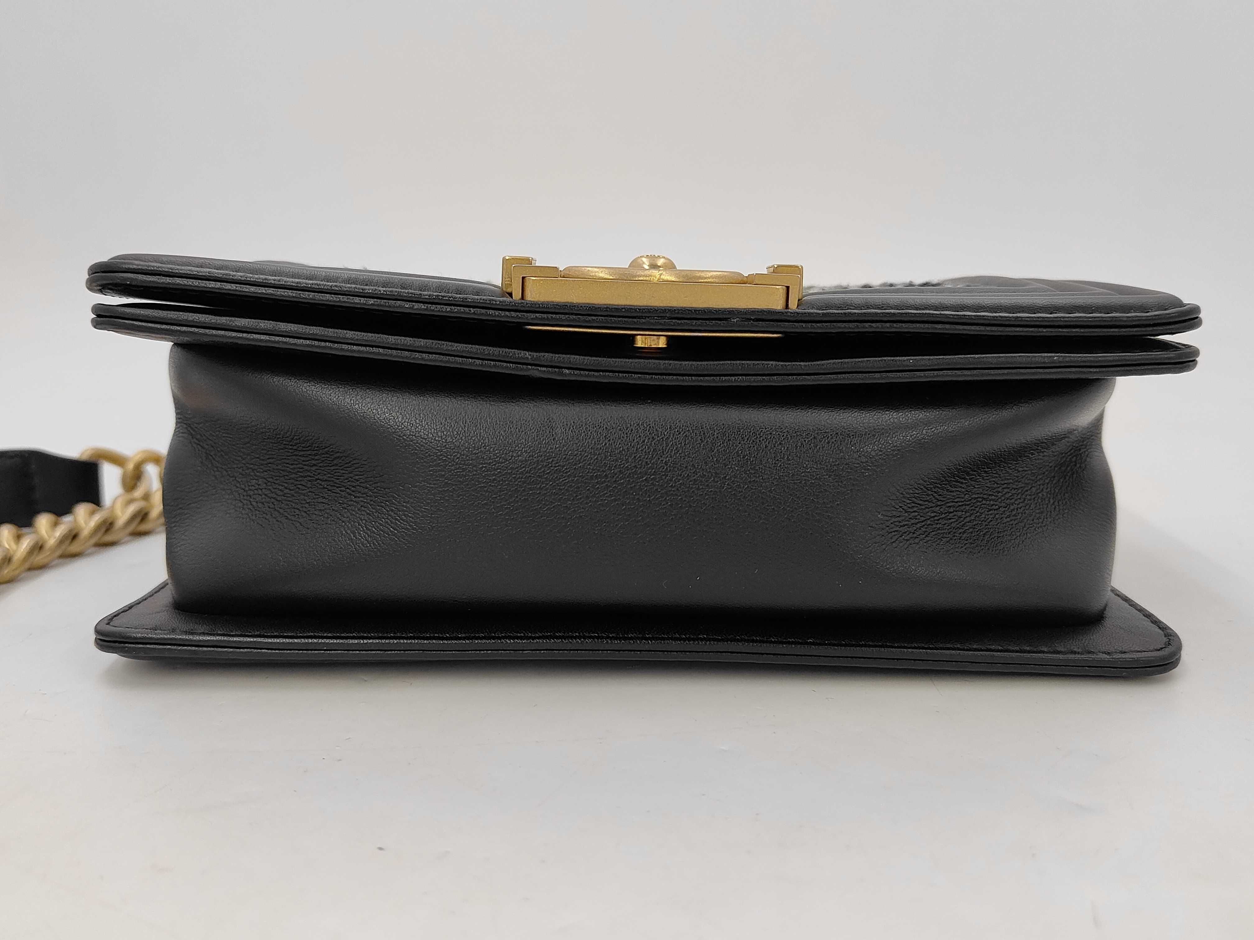 Boy Chanel Chain Shoulder Bag, Black, Chevron Chain Embroidery, Gold Hardware. — view 7