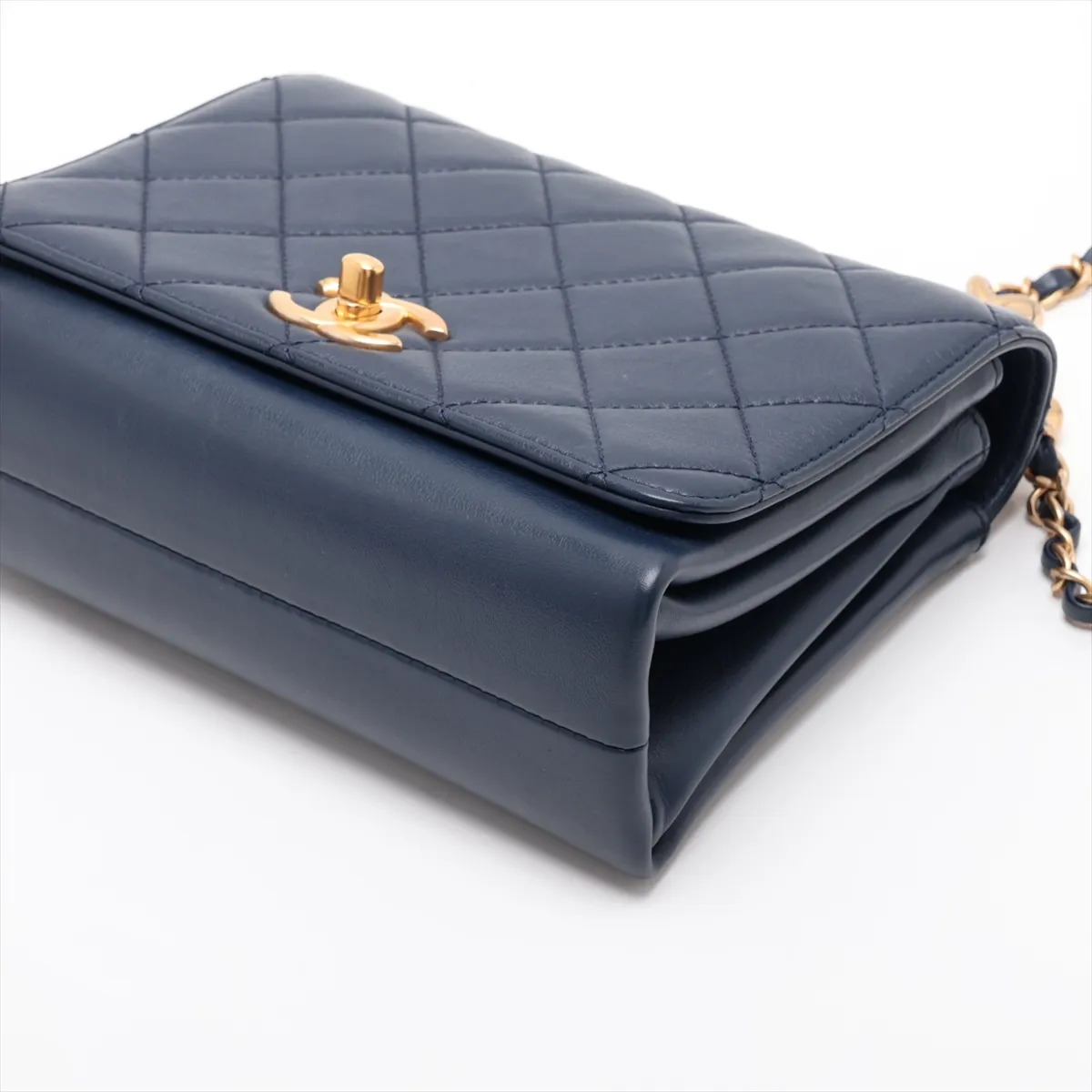Matelassé Leather Chain Shoulder Bag, Navy, Gold Hardware, J6L14NX3, Random Plate — view 3