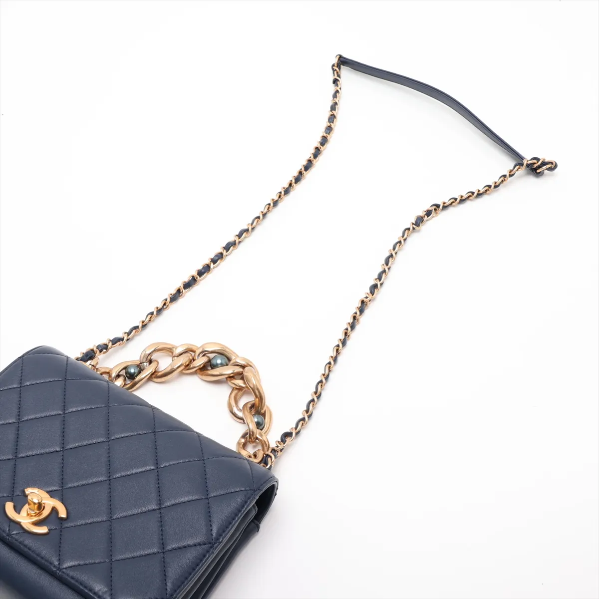 Matelassé Leather Chain Shoulder Bag, Navy, Gold Hardware, J6L14NX3, Random Plate — view 7