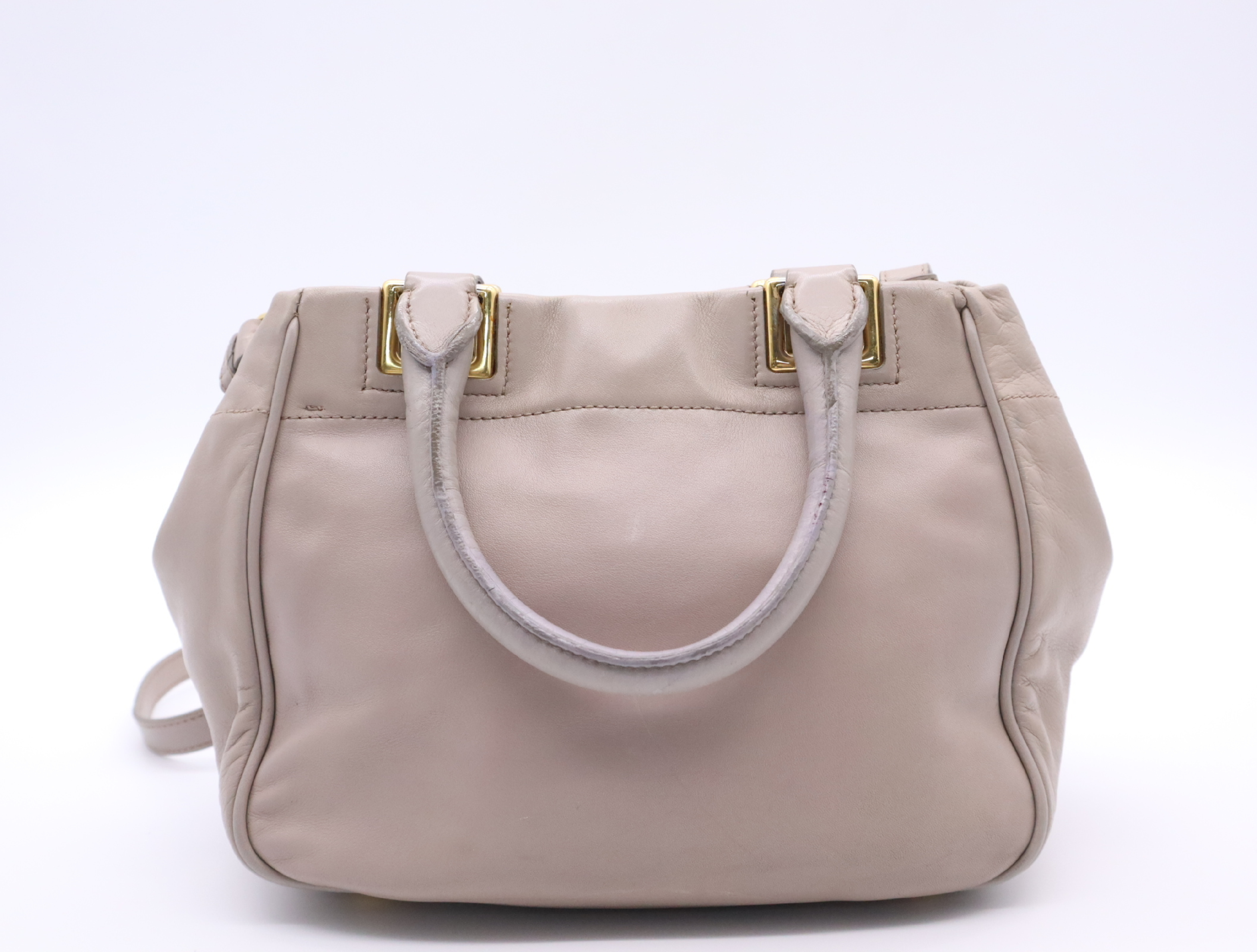 Leather 2-Way Handbag, Gray Beige, Gold Hardware, with Shoulder Strap — view 2