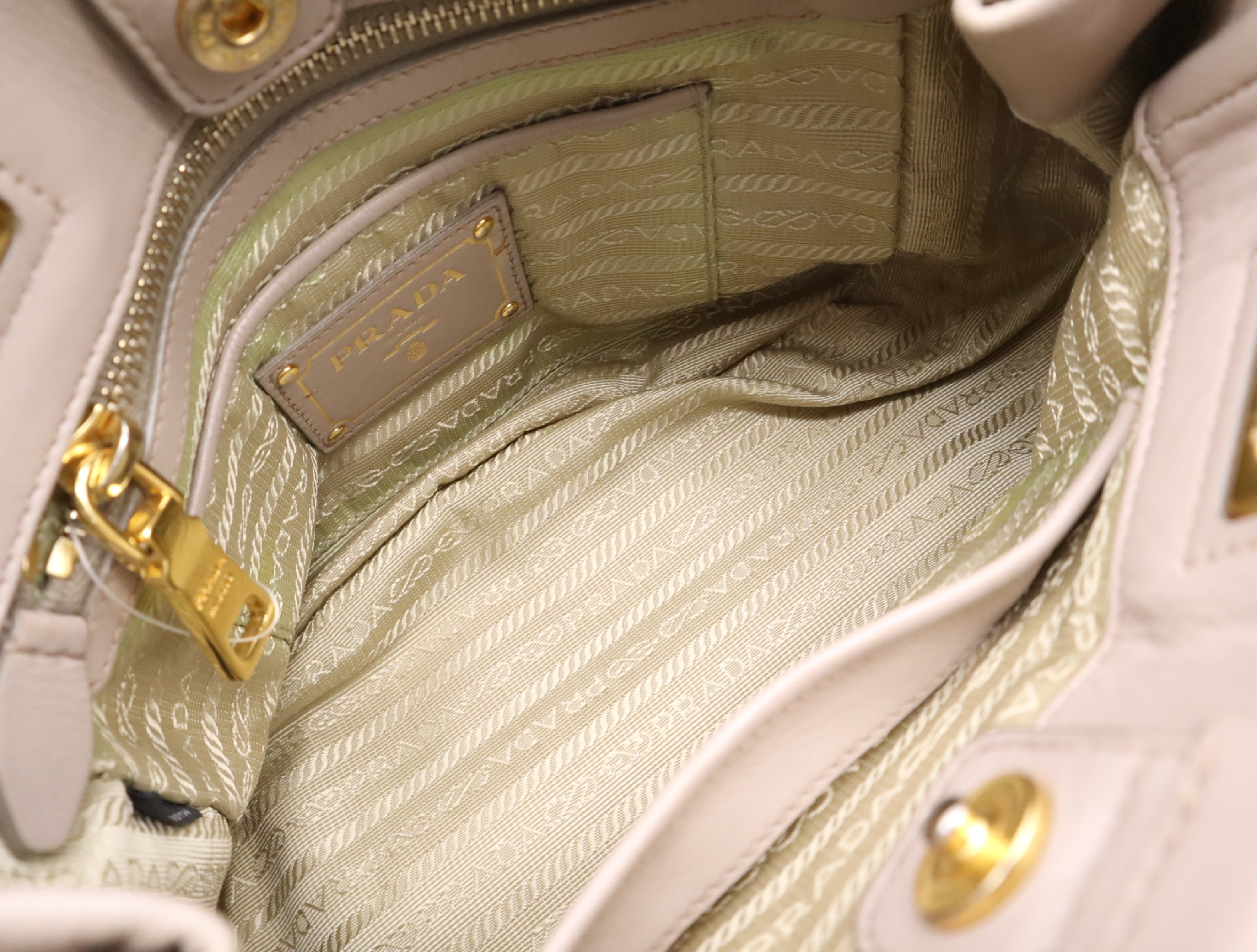 Leather 2-Way Handbag, Gray Beige, Gold Hardware, with Shoulder Strap — view 12