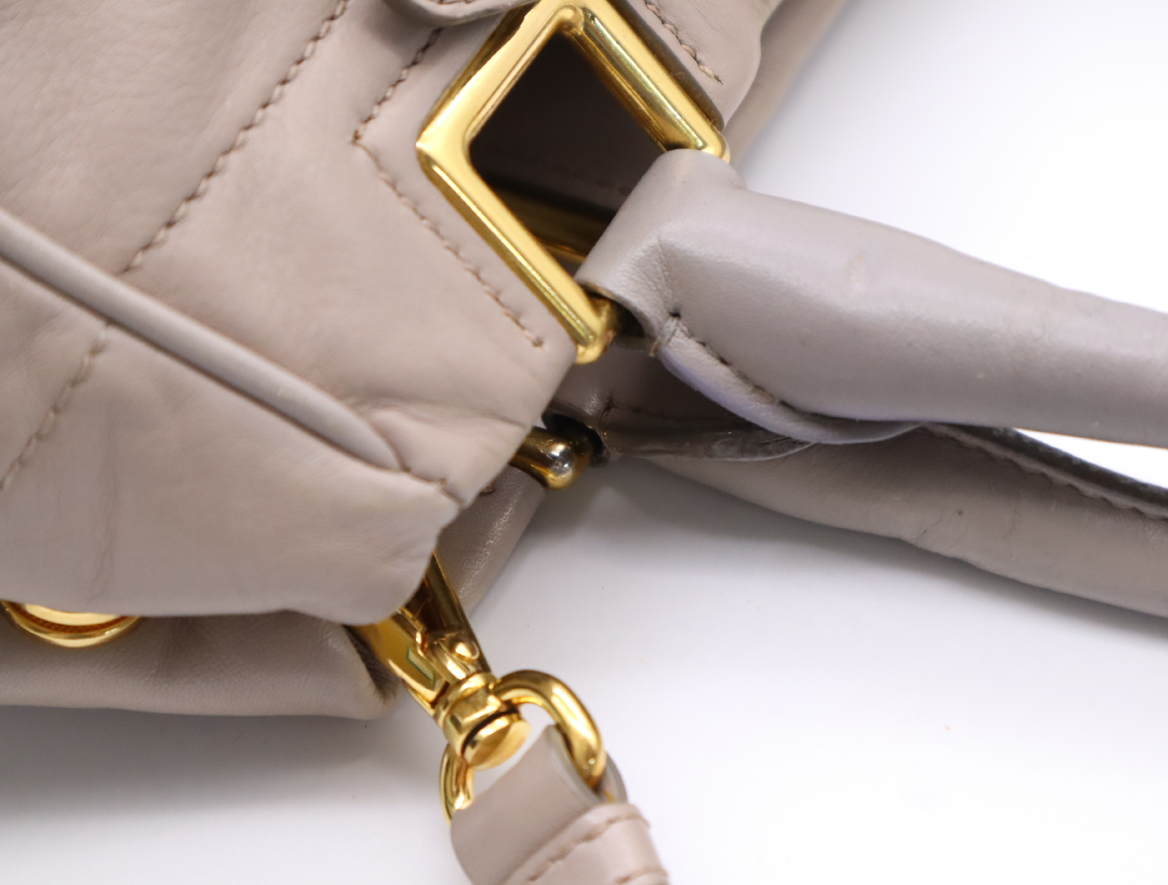 Leather 2-Way Handbag, Gray Beige, Gold Hardware, with Shoulder Strap — view 8