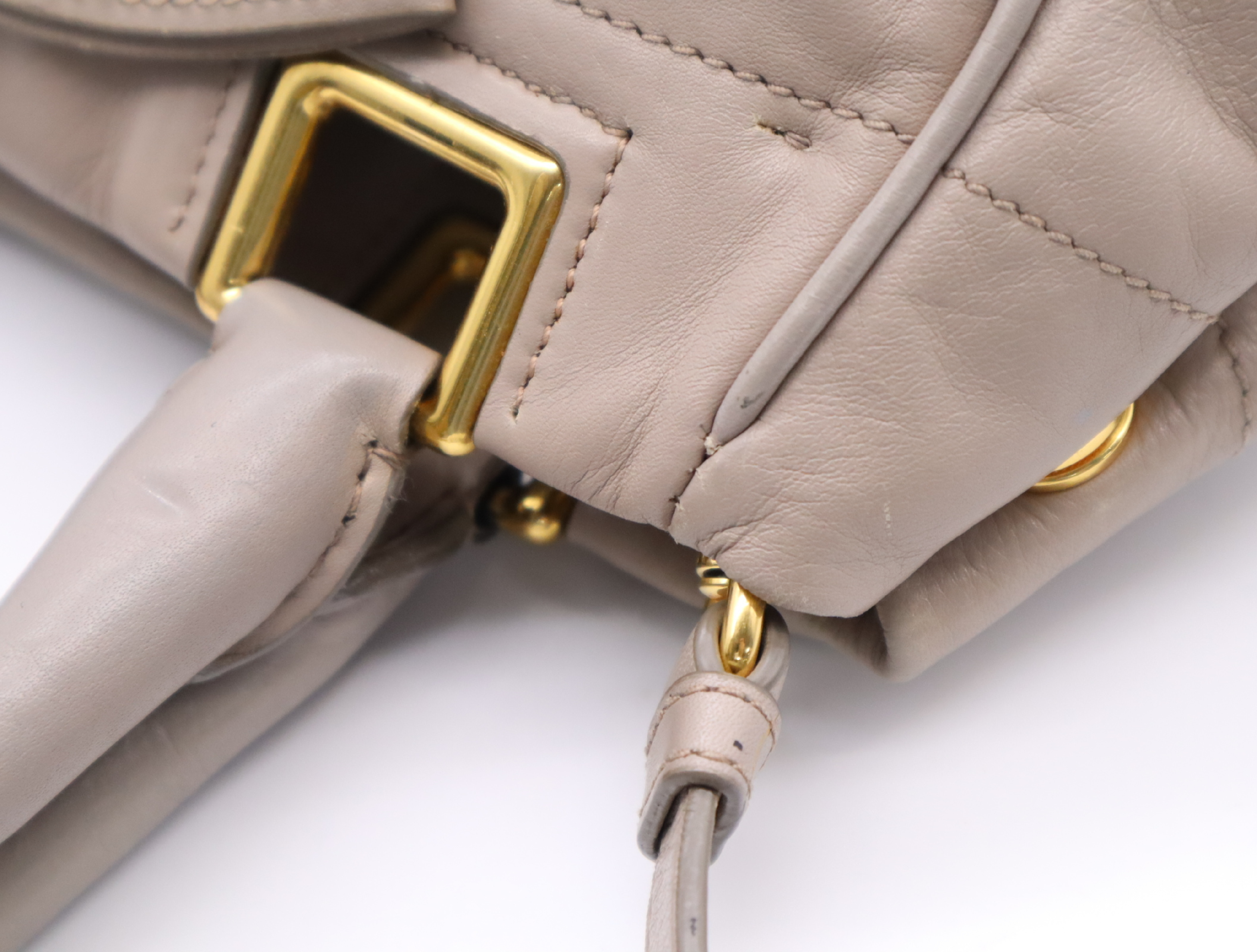 Leather 2-Way Handbag, Gray Beige, Gold Hardware, with Shoulder Strap — view 9