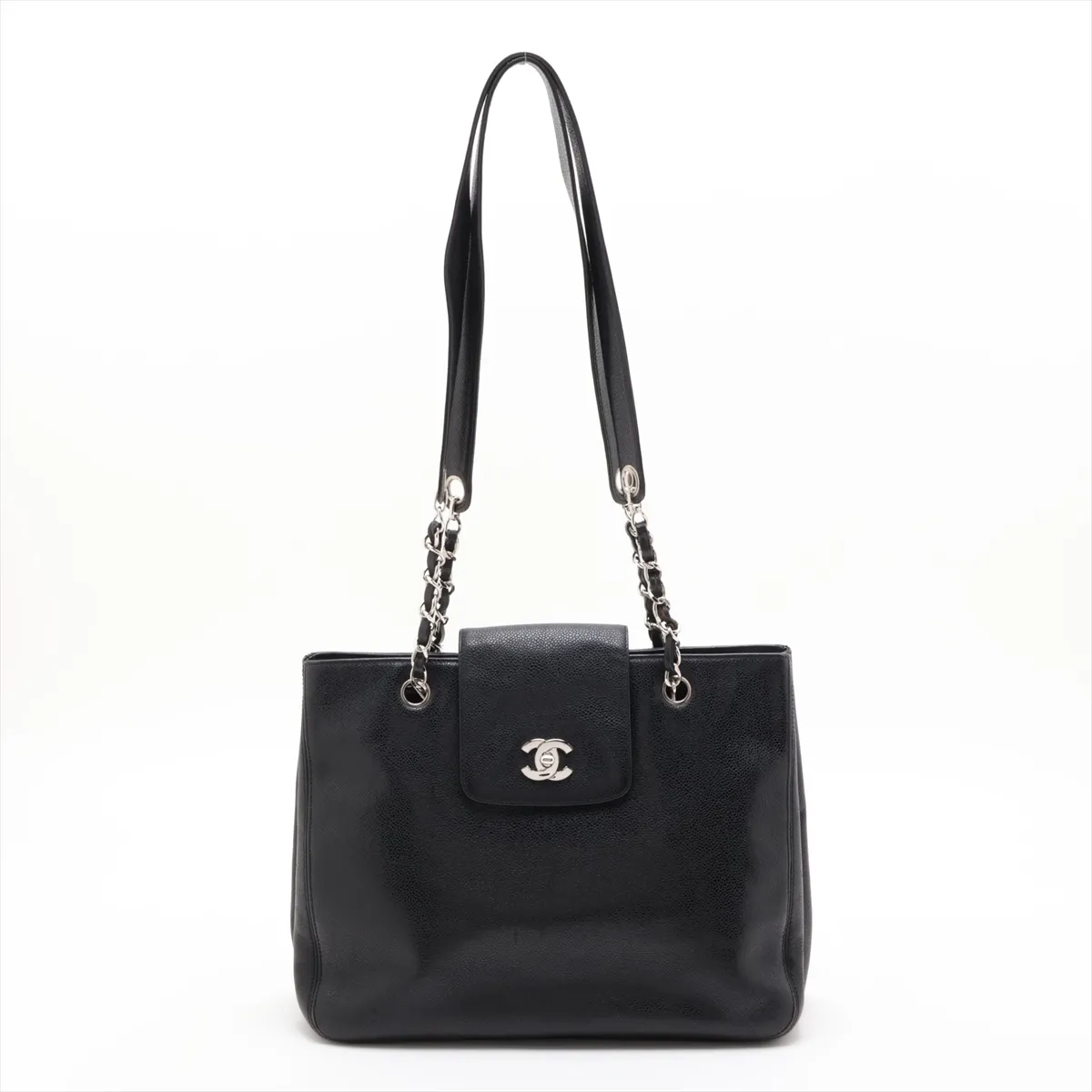 Coco Mark Caviar Skin Chain Shoulder Bag, Black with Silver Hardware, 4689389, Series 4