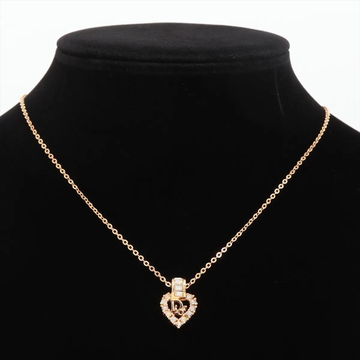 CD Heart Necklace, GP x Rhinestone, Gold. Shows signs of wear including dents, — view 5