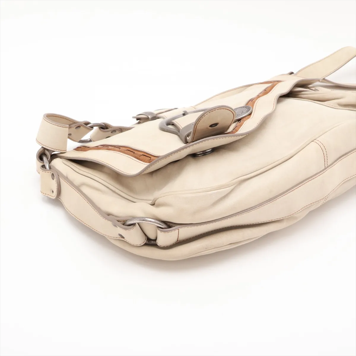 Gaucho Leather Shoulder Bag, Beige — view 4