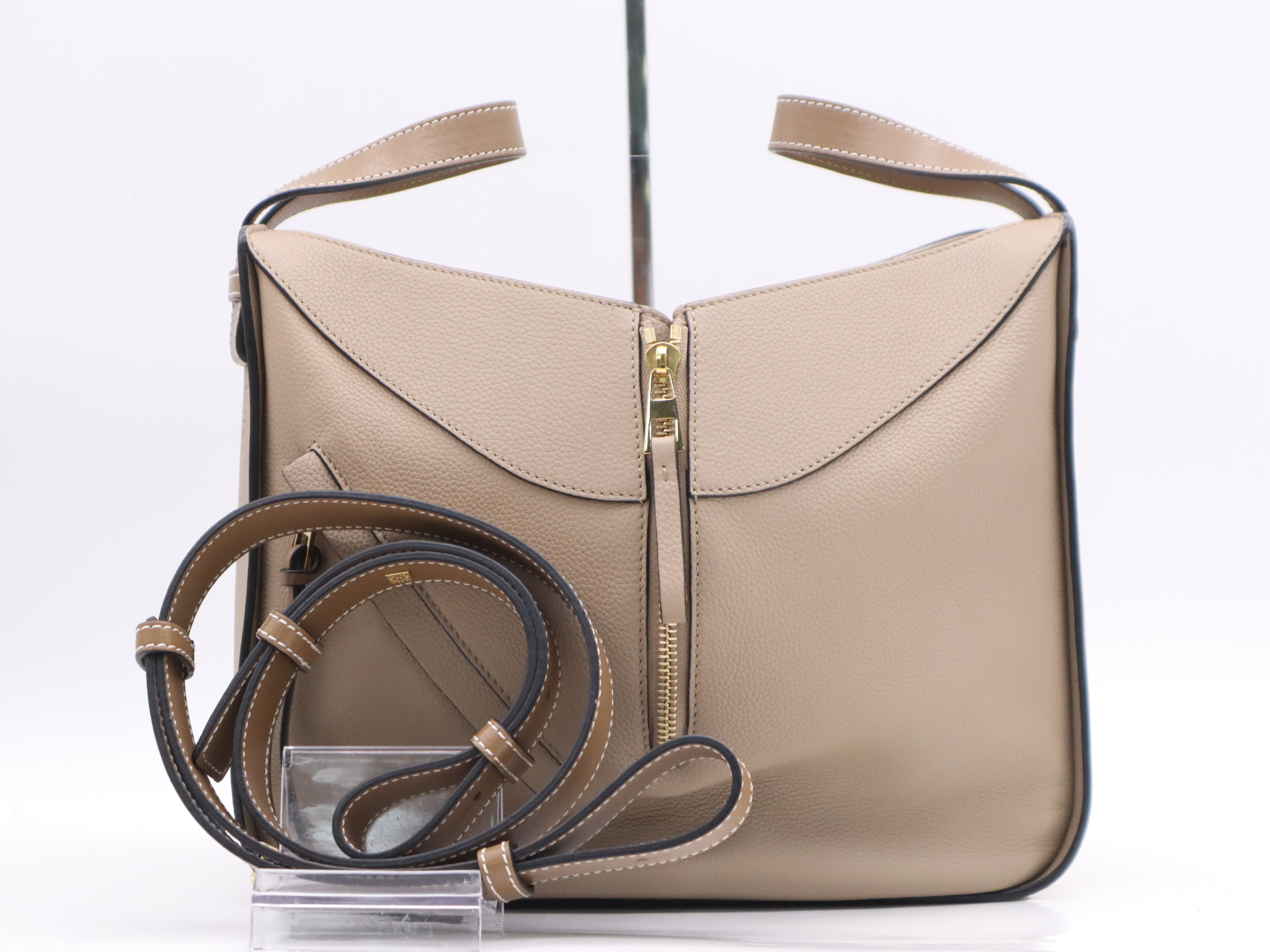 Leather Hammock Small 2-Way Handbag, Beige, with Shoulder Strap