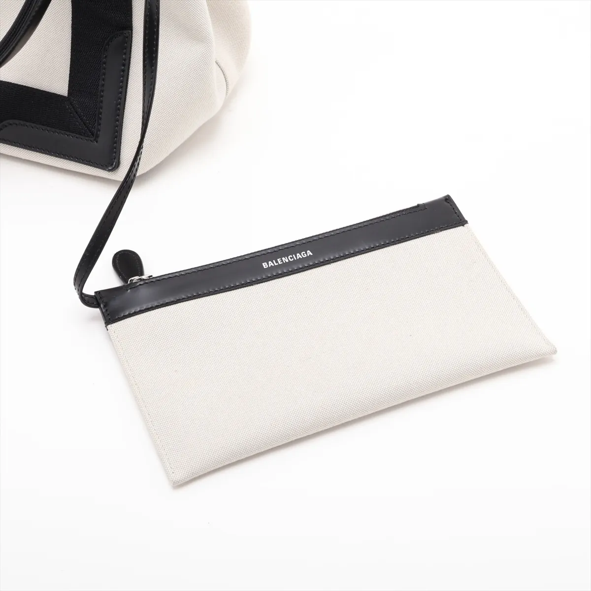 Navy Cabas Canvas x Leather Handbag, Ivory x Black, 339933 — view 10