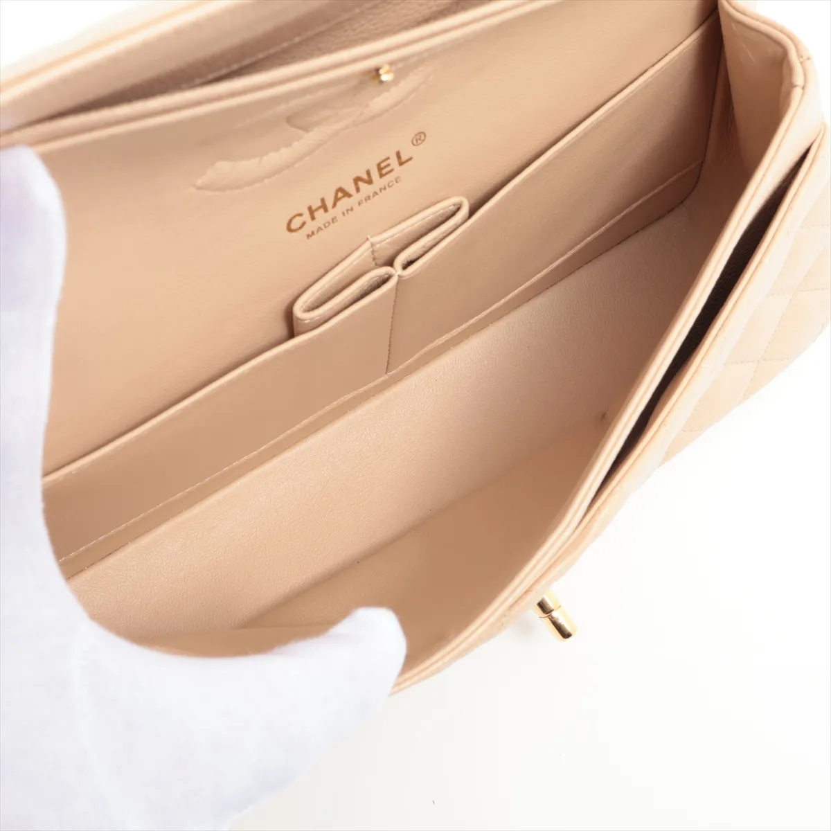 [Individually wrapped] Chanel Matelasse 25 caviar skin double flap double chain bag beige gold hardware 15987681 15th series A01112 — view 7