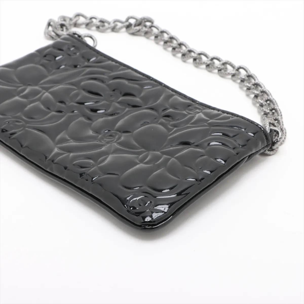 Camellia Patent Leather Chain Handbag Black Silver Hardware 8608683 No. 8 — view 3