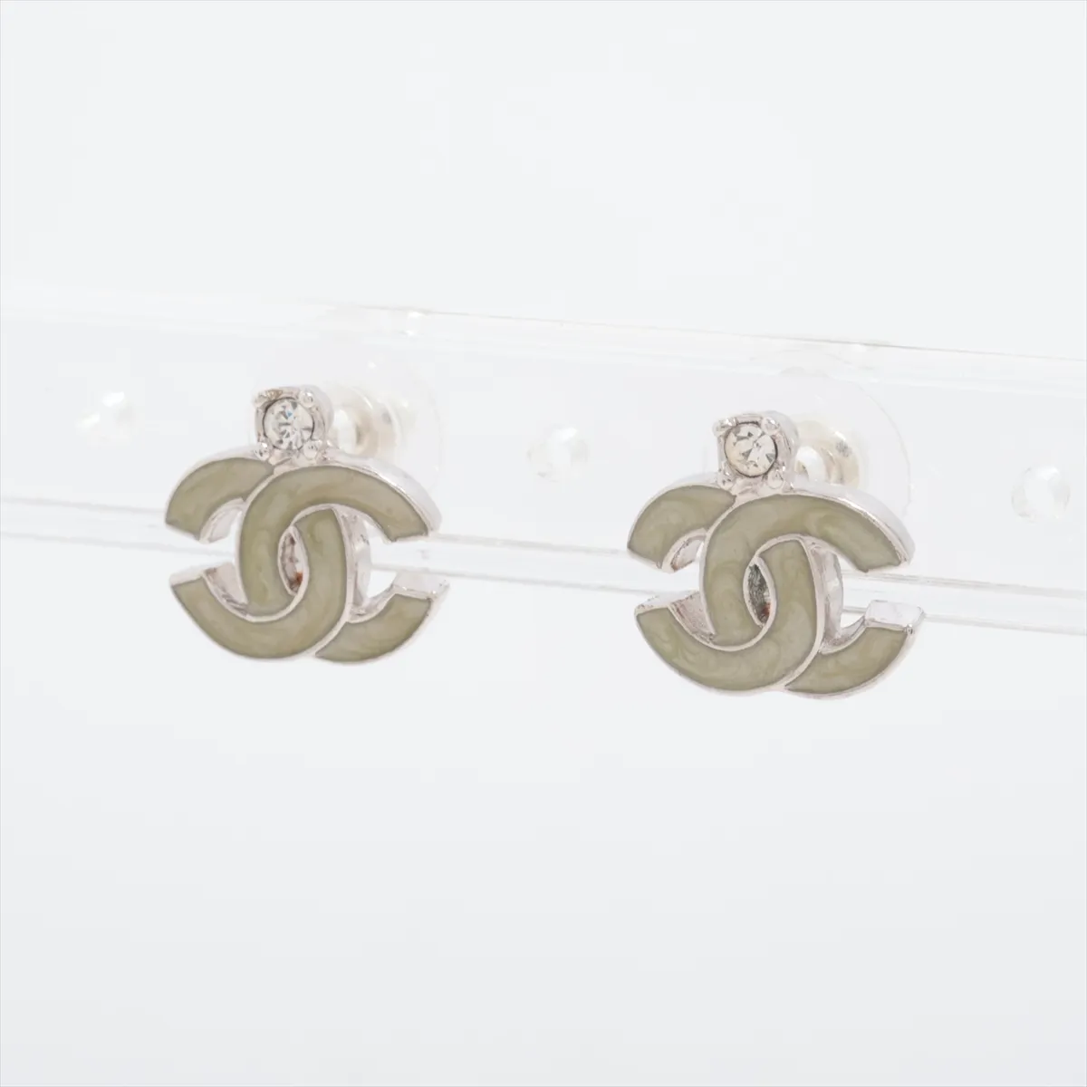 Coco Mark 04P Earrings (Pair) Metal x Rhinestone Silver. Shows signs of wear: — view 3