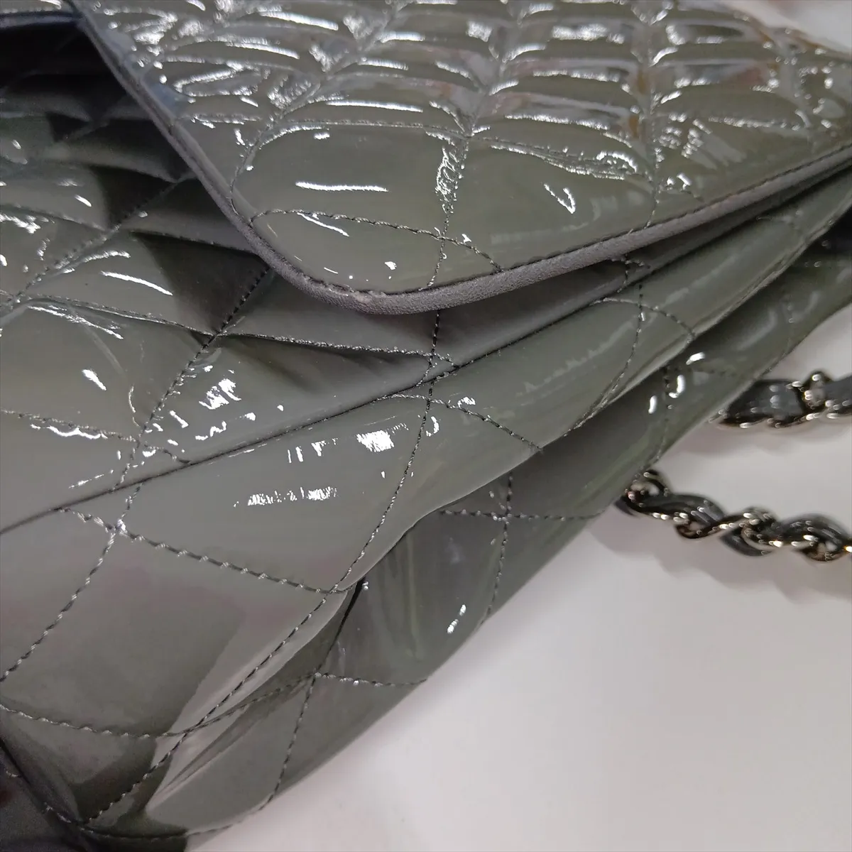 Large Matelassé 30 Patent Leather Single Flap Double Chain Bag, Gray with Gold Hardware, 13975132, Serial Number 13-series, A28600 — view 14
