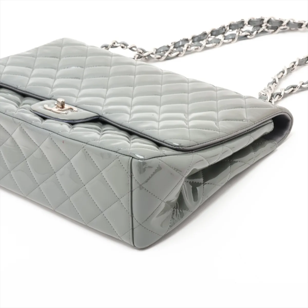 Large Matelassé 30 Patent Leather Single Flap Double Chain Bag, Gray with Gold Hardware, 13975132, Serial Number 13-series, A28600 — view 3