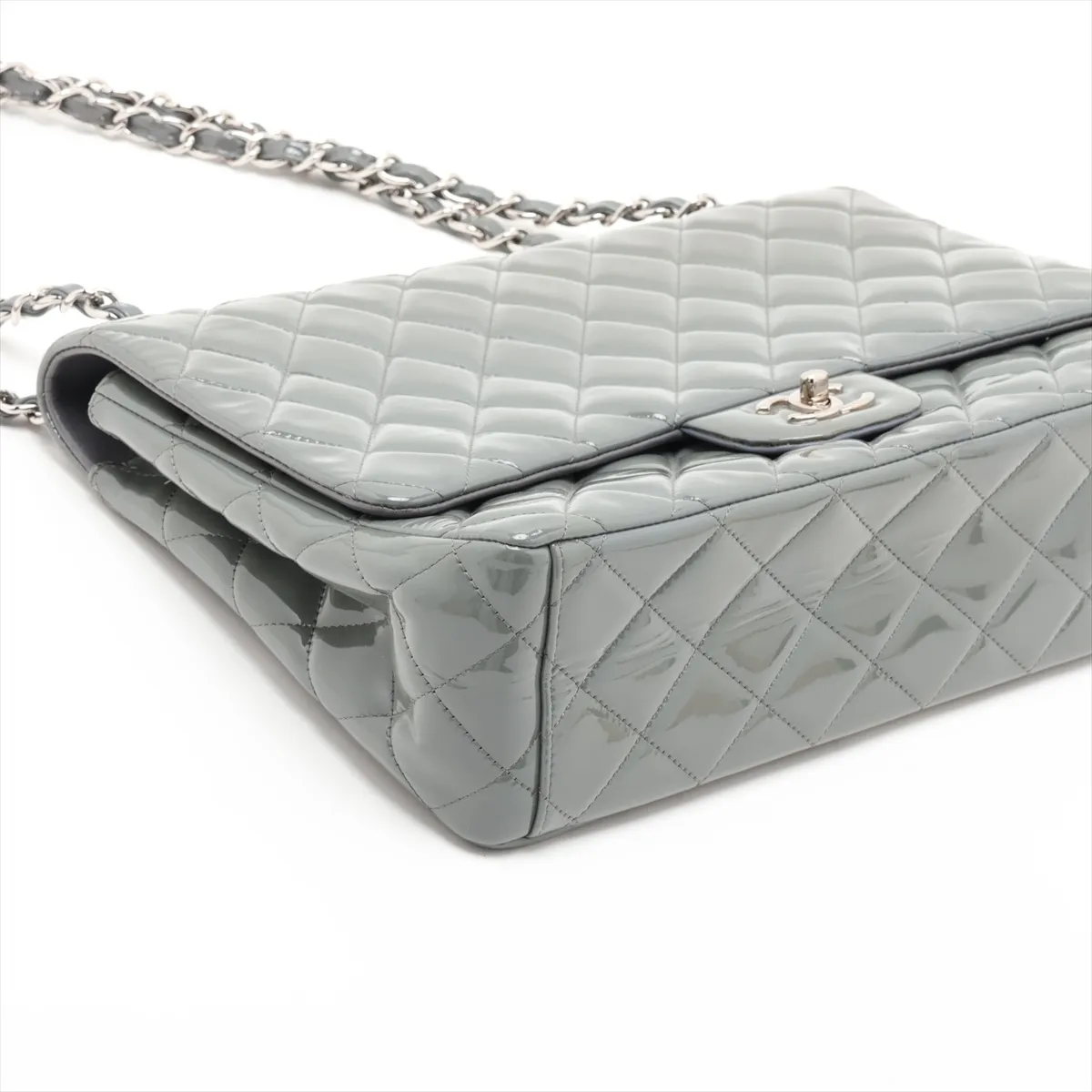 Large Matelassé 30 Patent Leather Single Flap Double Chain Bag, Gray with Gold Hardware, 13975132, Serial Number 13-series, A28600 — view 4