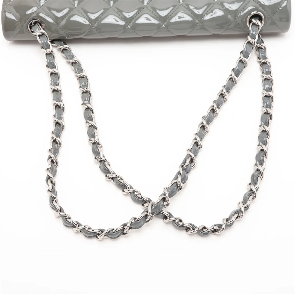Large Matelassé 30 Patent Leather Single Flap Double Chain Bag, Gray with Gold Hardware, 13975132, Serial Number 13-series, A28600 — view 5