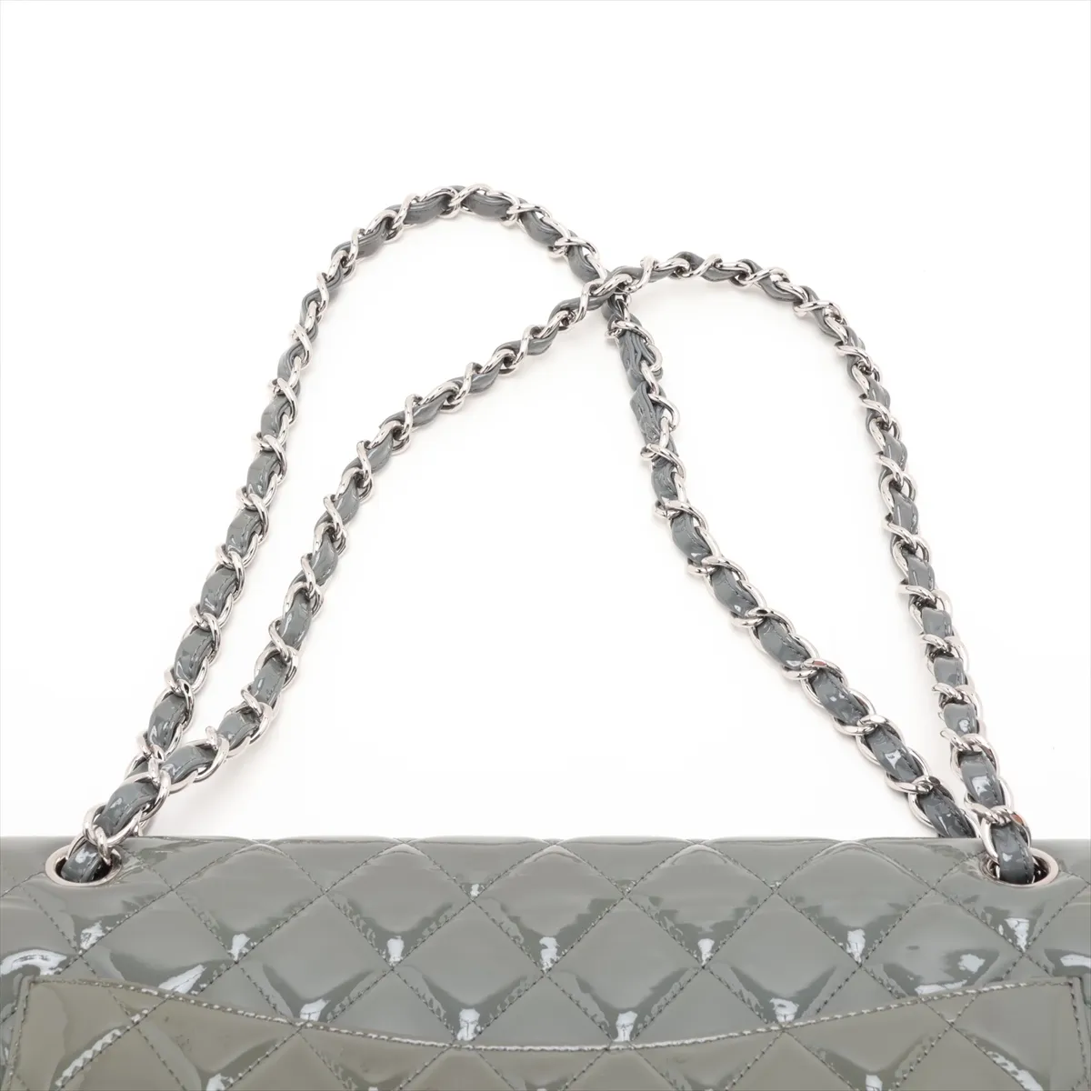 Large Matelassé 30 Patent Leather Single Flap Double Chain Bag, Gray with Gold Hardware, 13975132, Serial Number 13-series, A28600 — view 6