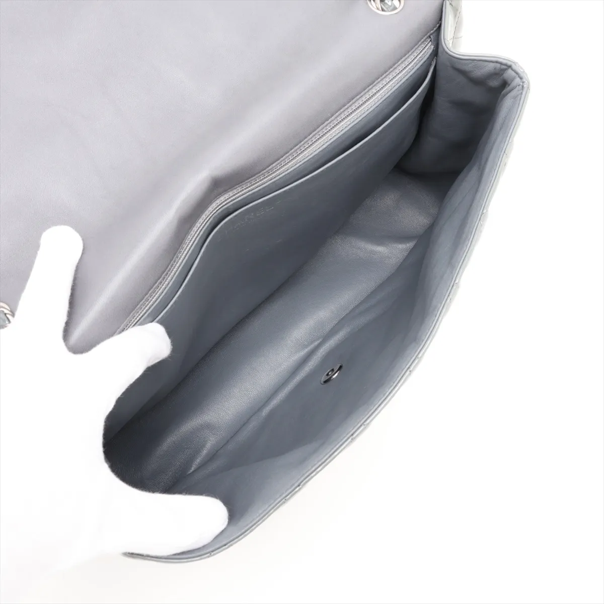 Large Matelassé 30 Patent Leather Single Flap Double Chain Bag, Gray with Gold Hardware, 13975132, Serial Number 13-series, A28600 — view 7