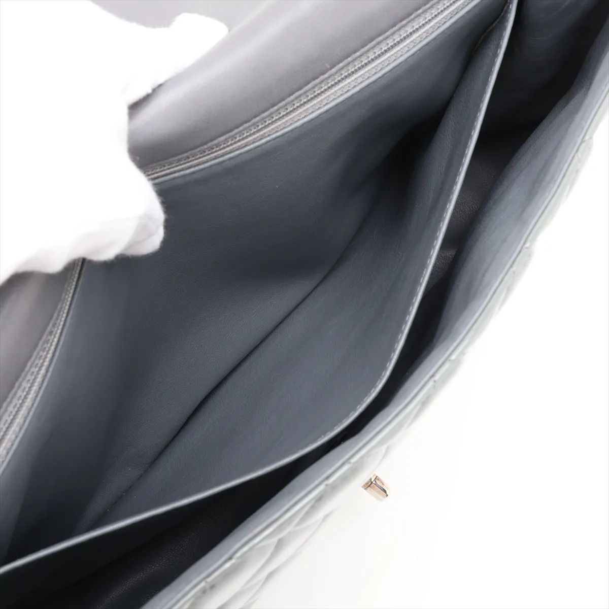 Large Matelassé 30 Patent Leather Single Flap Double Chain Bag, Gray with Gold Hardware, 13975132, Serial Number 13-series, A28600 — view 9
