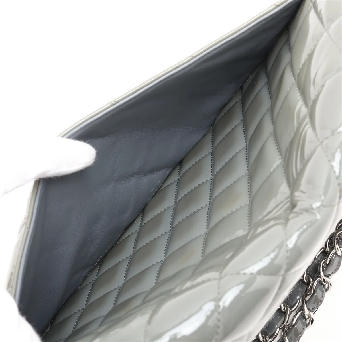 Large Matelassé 30 Patent Leather Single Flap Double Chain Bag, Gray with Gold Hardware, 13975132, Serial Number 13-series, A28600 — view 10